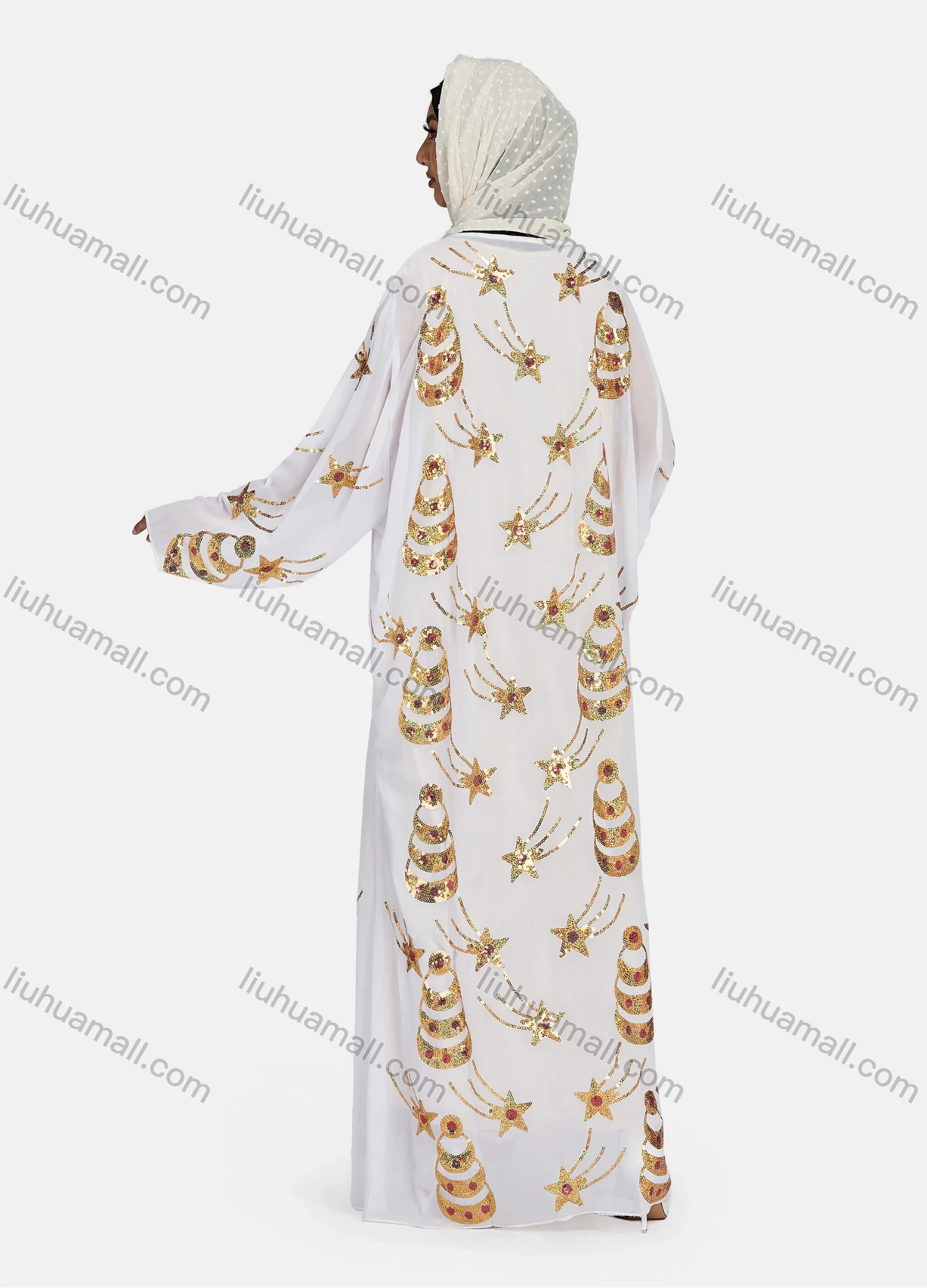Wholesale Women's Islamic Muslim Round Neck Sequin Star Glitter Maxi Abaya - Liuhuamall