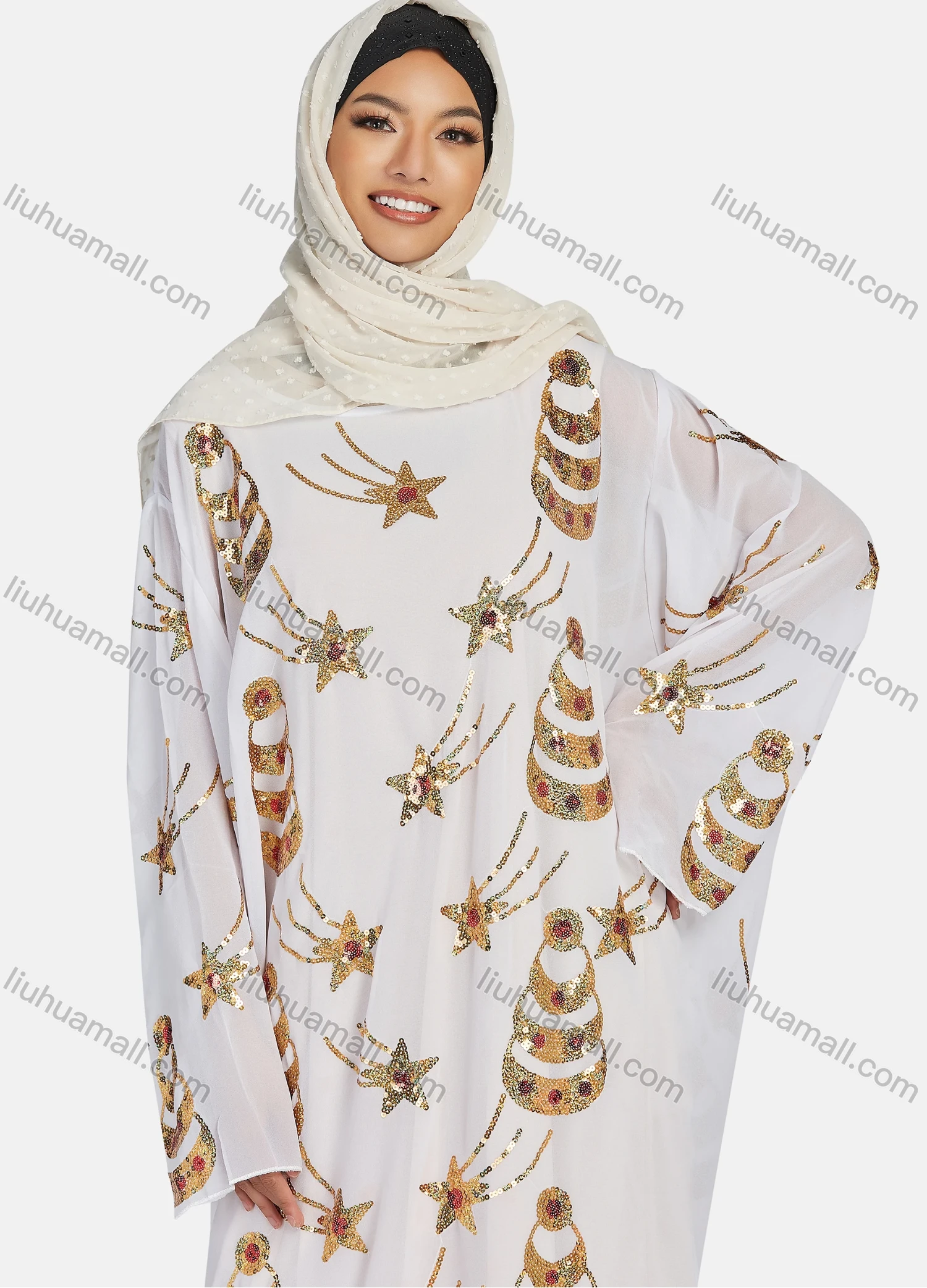Wholesale Women's Islamic Muslim Round Neck Sequin Star Glitter Maxi Abaya - Liuhuamall