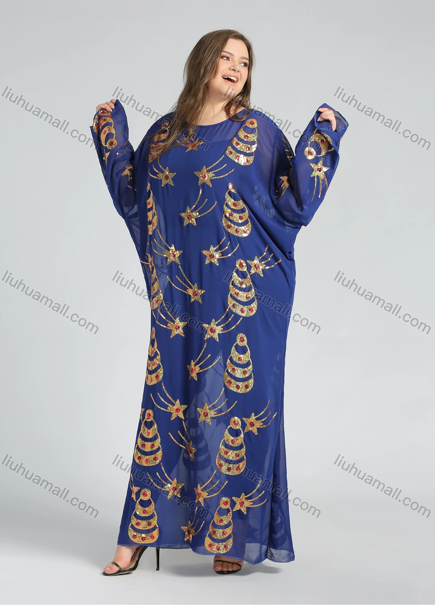 Wholesale Women's Islamic Muslim Round Neck Sequin Star Glitter Maxi Abaya - Liuhuamall