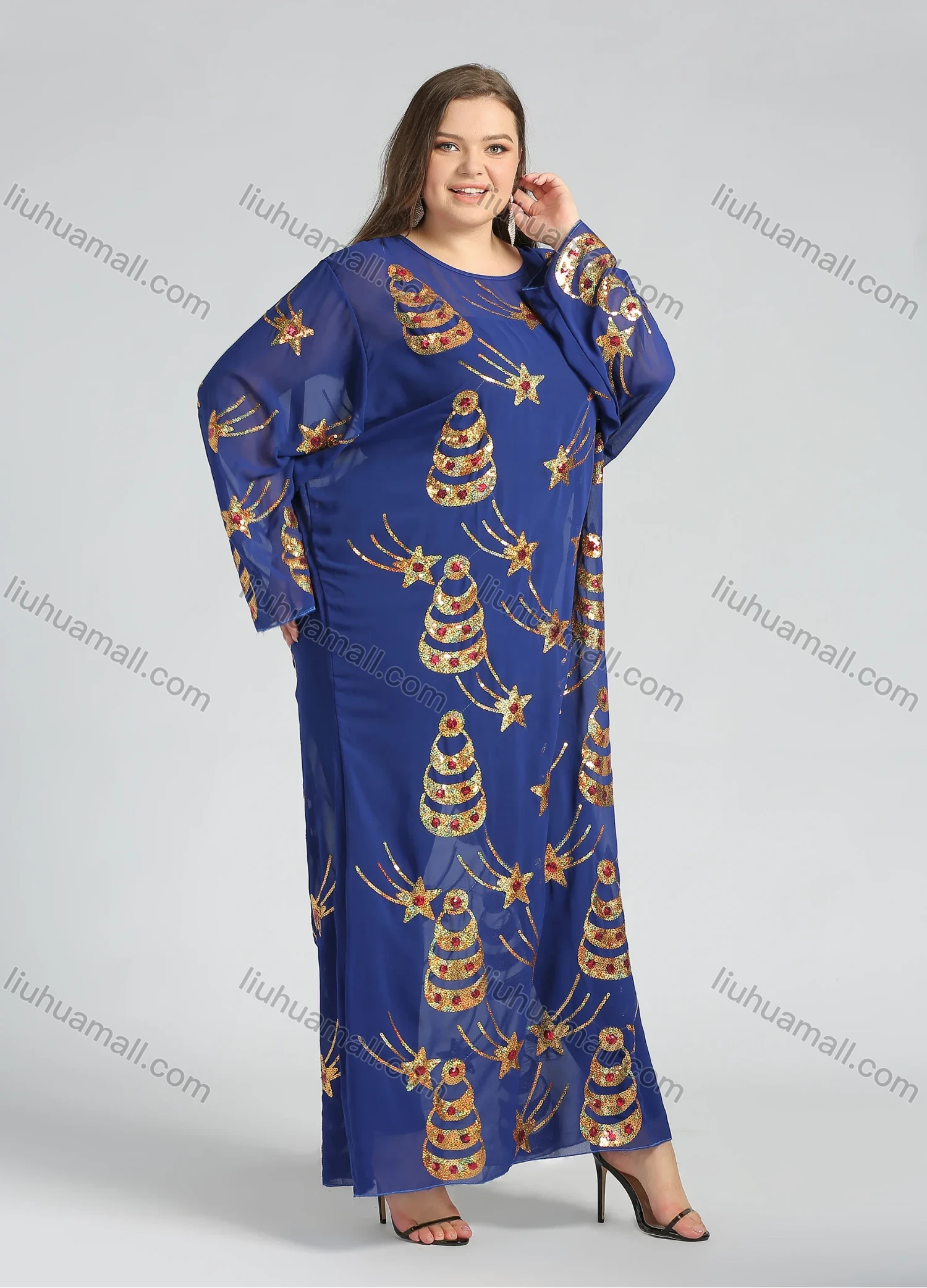 Wholesale Women's Islamic Muslim Round Neck Sequin Star Glitter Maxi Abaya - Liuhuamall