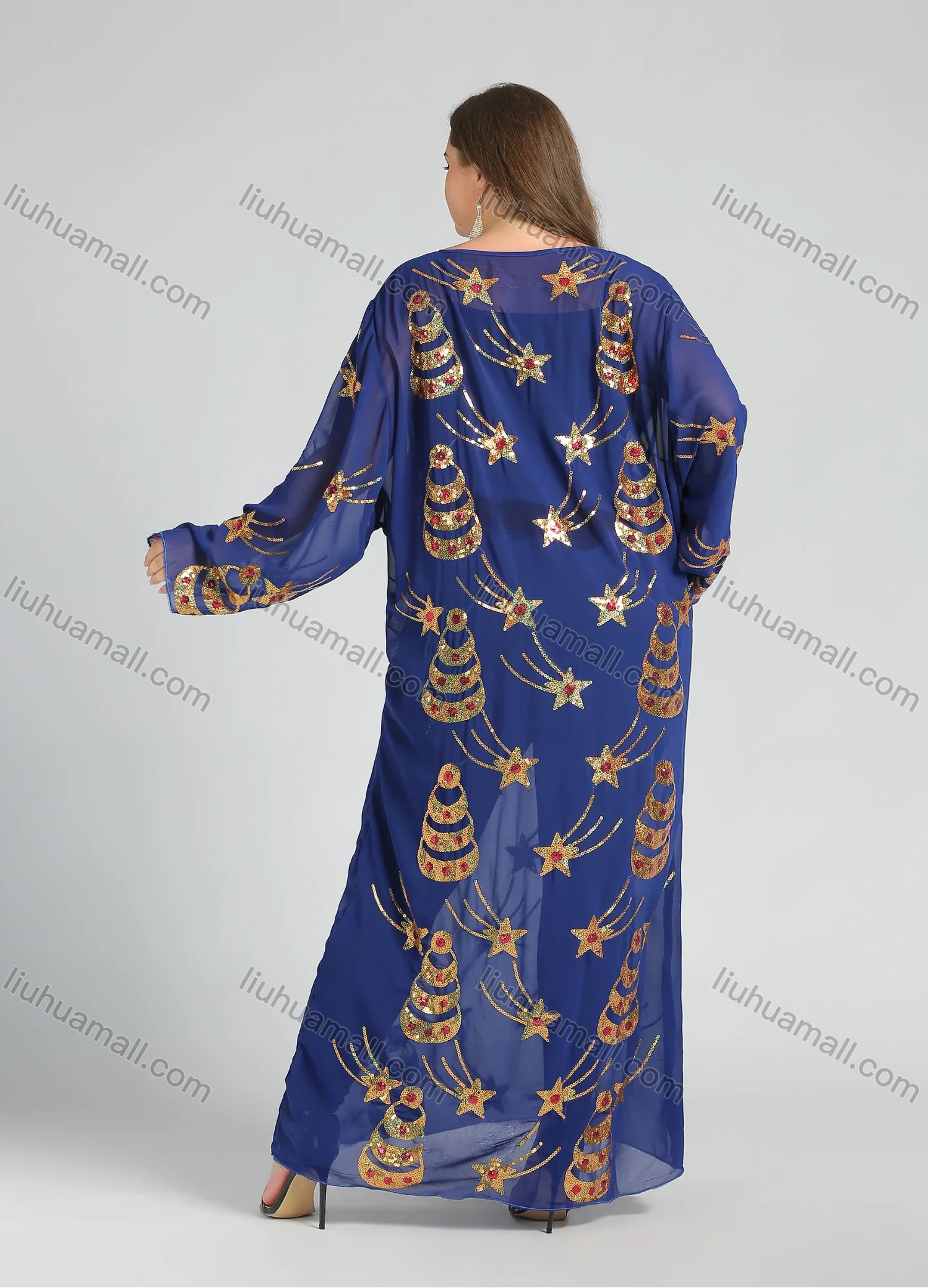 Wholesale Women's Islamic Muslim Round Neck Sequin Star Glitter Maxi Abaya - Liuhuamall