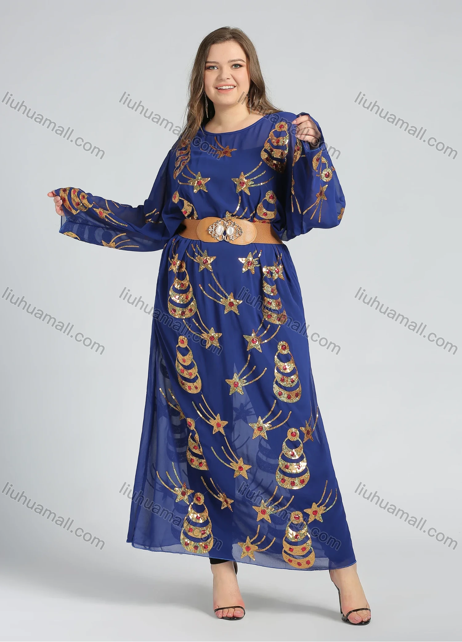 Wholesale Women's Islamic Muslim Round Neck Sequin Star Glitter Maxi Abaya - Liuhuamall
