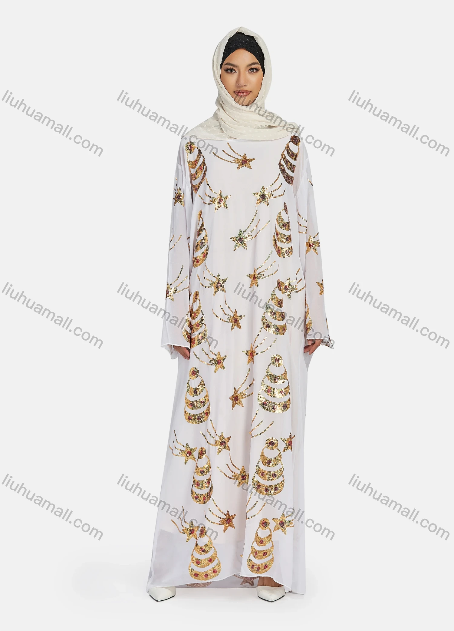 Wholesale Women's Islamic Muslim Round Neck Sequin Star Glitter Maxi Abaya - Liuhuamall