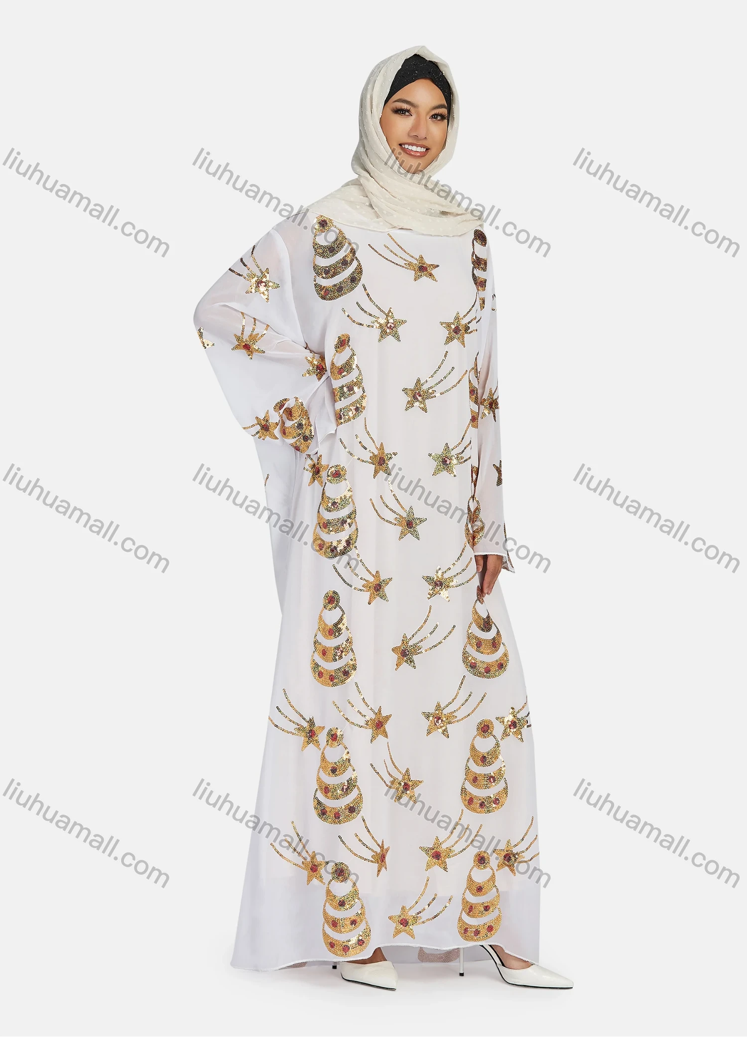 Wholesale Women's Islamic Muslim Round Neck Sequin Star Glitter Maxi Abaya - Liuhuamall