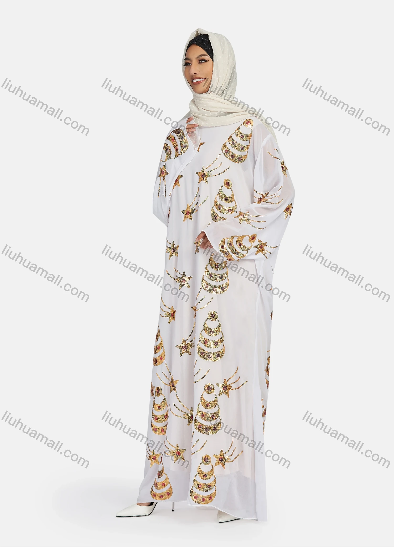 Wholesale Women's Islamic Muslim Round Neck Sequin Star Glitter Maxi Abaya - Liuhuamall