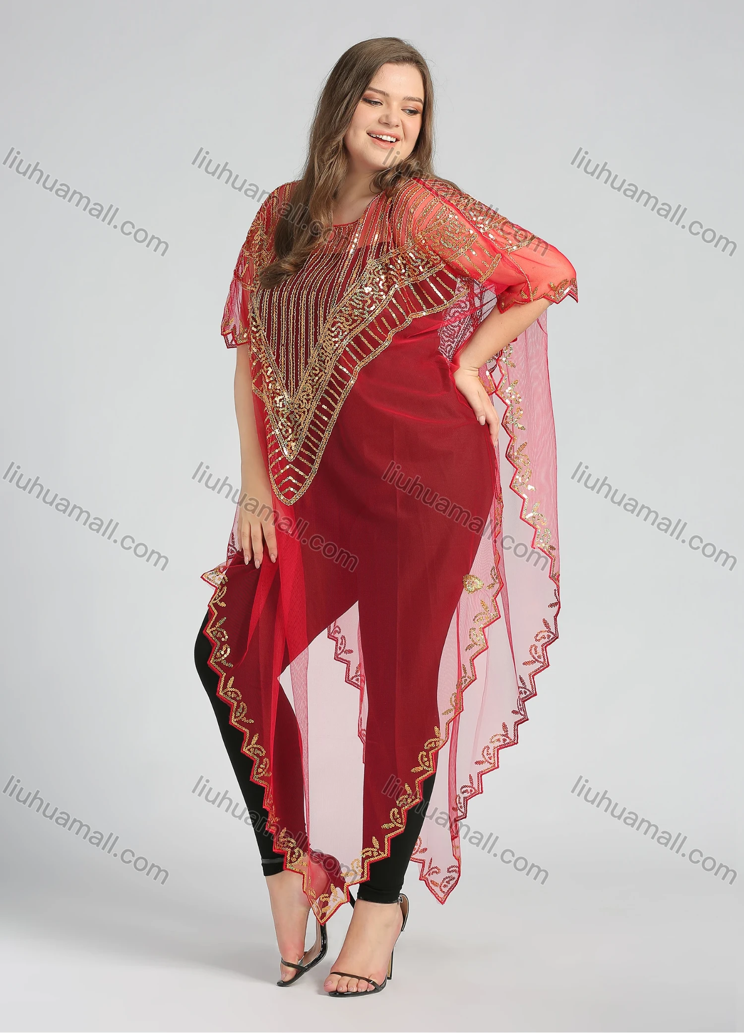 Wholesale Women's Arabic Dubai Round Neck Half Sleeve Muslim Islamic Sequin Glitter Cover Up Cloak - Liuhuamall