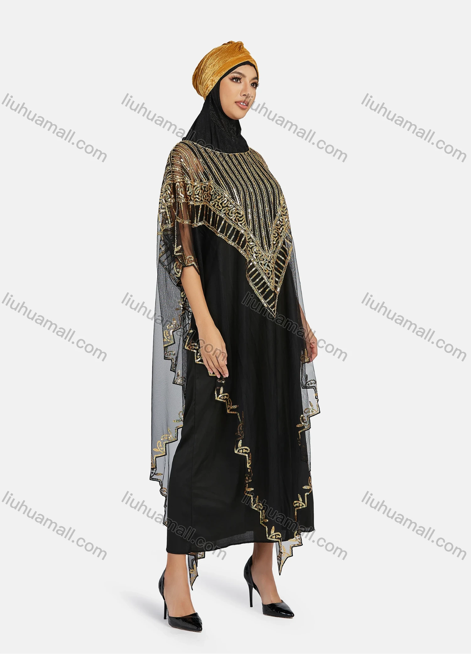 Wholesale Women's Arabic Dubai Round Neck Half Sleeve Muslim Islamic Sequin Glitter Cover Up Cloak - Liuhuamall