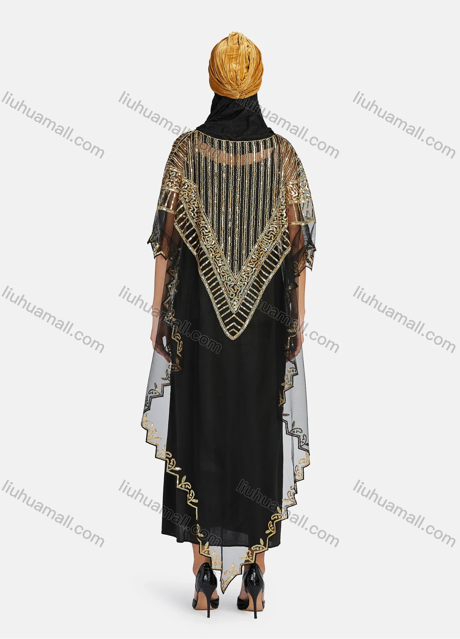 Wholesale Women's Arabic Dubai Round Neck Half Sleeve Muslim Islamic Sequin Glitter Cover Up Cloak - Liuhuamall