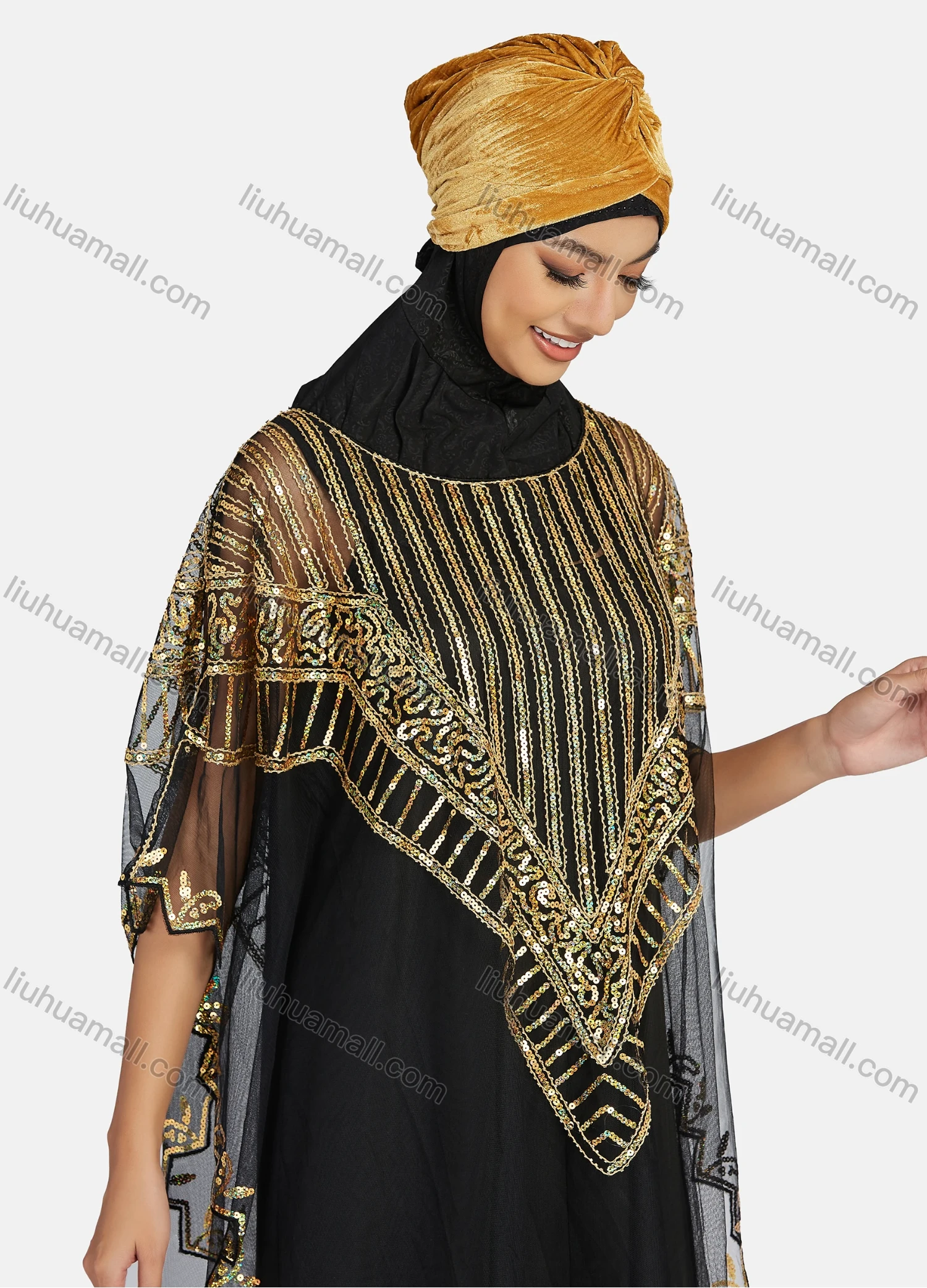 Wholesale Women's Arabic Dubai Round Neck Half Sleeve Muslim Islamic Sequin Glitter Cover Up Cloak - Liuhuamall