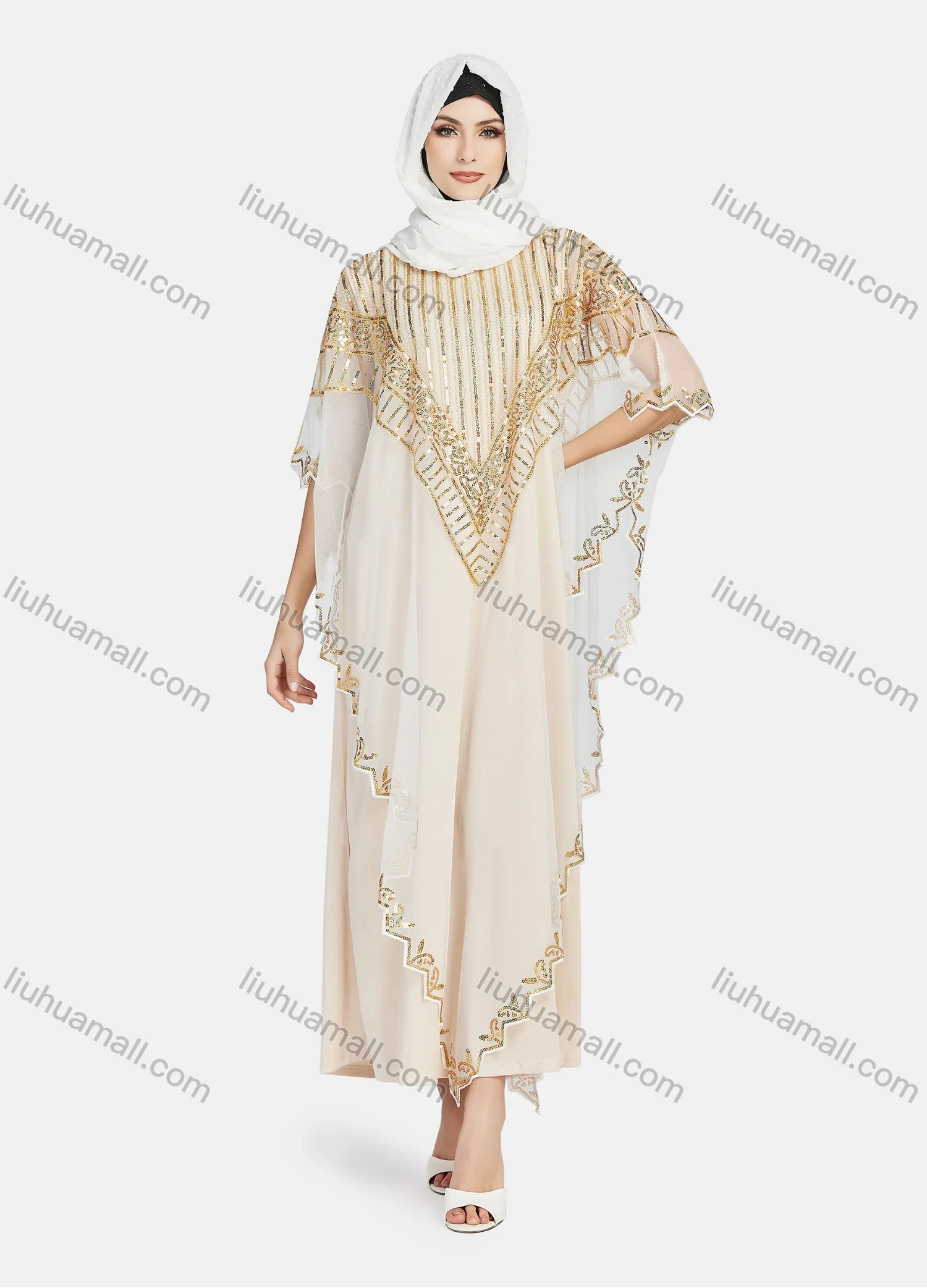 Wholesale Women's Arabic Dubai Round Neck Half Sleeve Muslim Islamic Sequin Glitter Cover Up Cloak - Liuhuamall