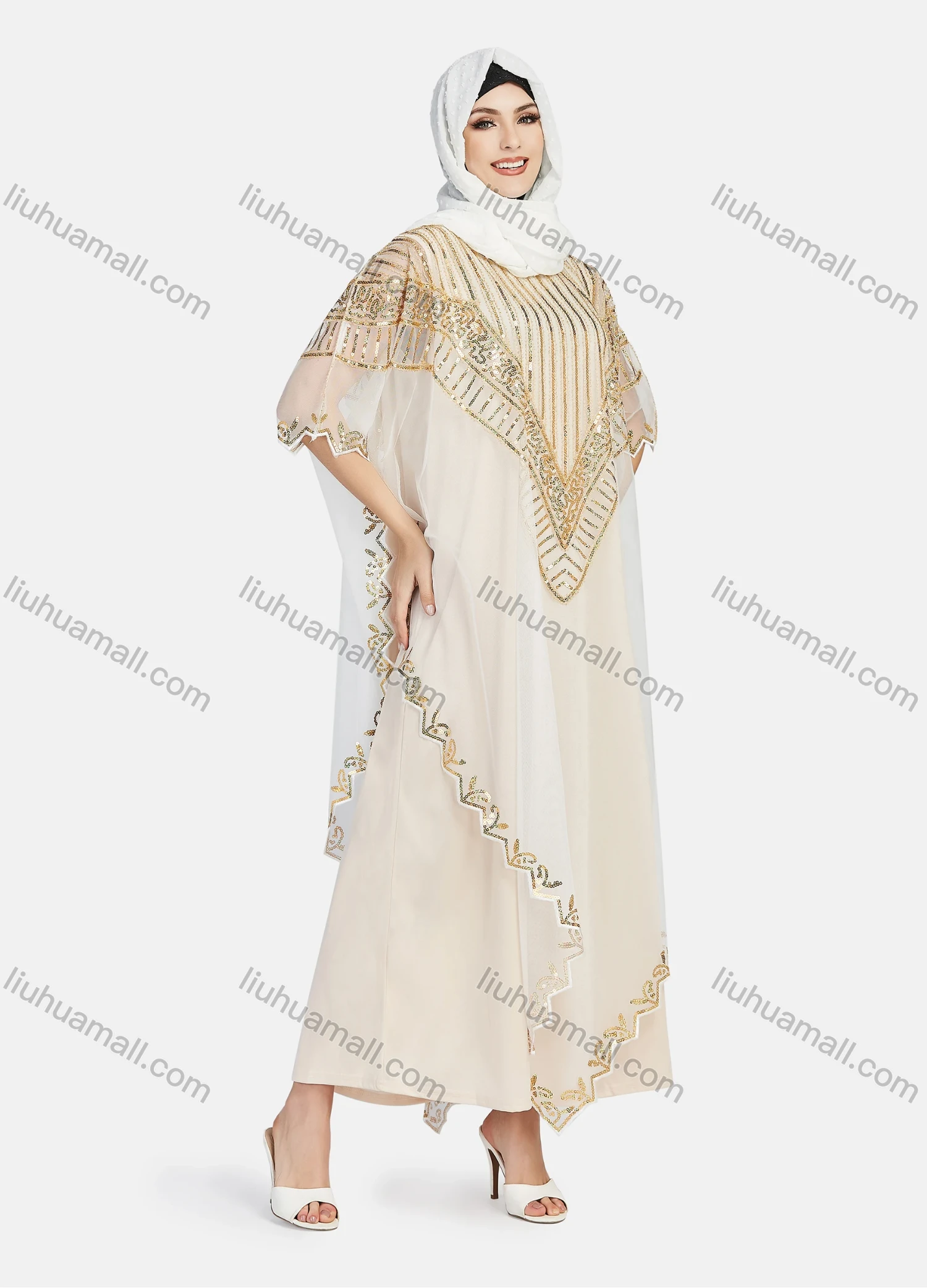 Wholesale Women's Arabic Dubai Round Neck Half Sleeve Muslim Islamic Sequin Glitter Cover Up Cloak - Liuhuamall