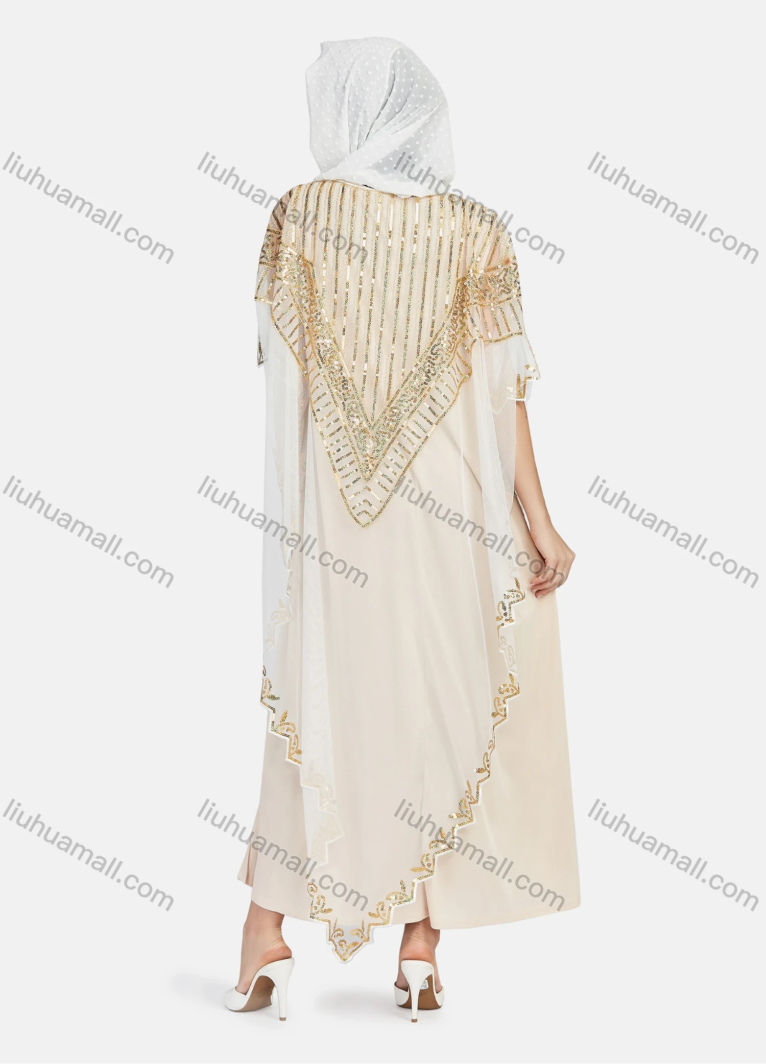 Wholesale Women's Arabic Dubai Round Neck Half Sleeve Muslim Islamic Sequin Glitter Cover Up Cloak - Liuhuamall