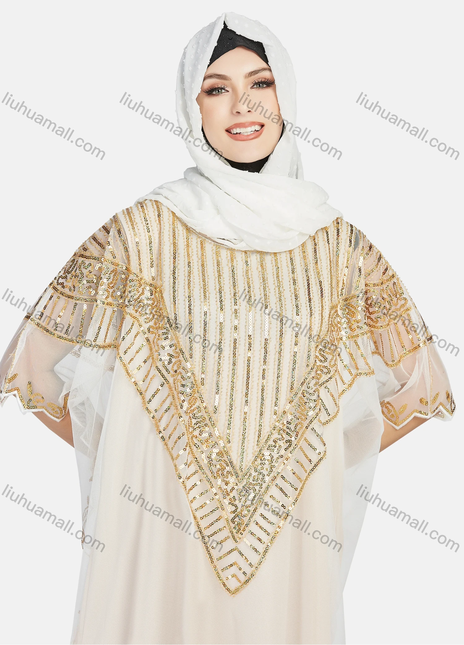 Wholesale Women's Arabic Dubai Round Neck Half Sleeve Muslim Islamic Sequin Glitter Cover Up Cloak - Liuhuamall