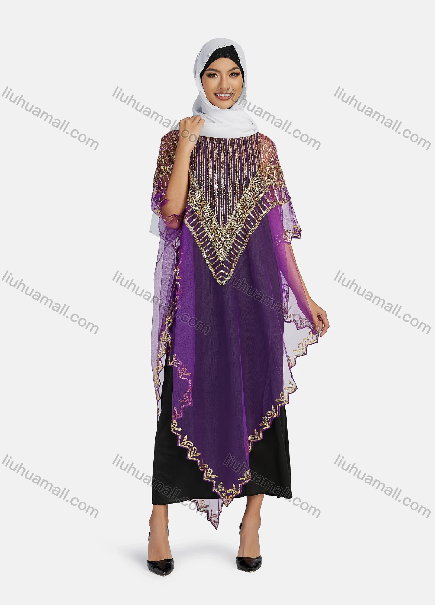 Wholesale Women's Arabic Dubai Round Neck Half Sleeve Muslim Islamic Sequin Glitter Cover Up Cloak - Liuhuamall