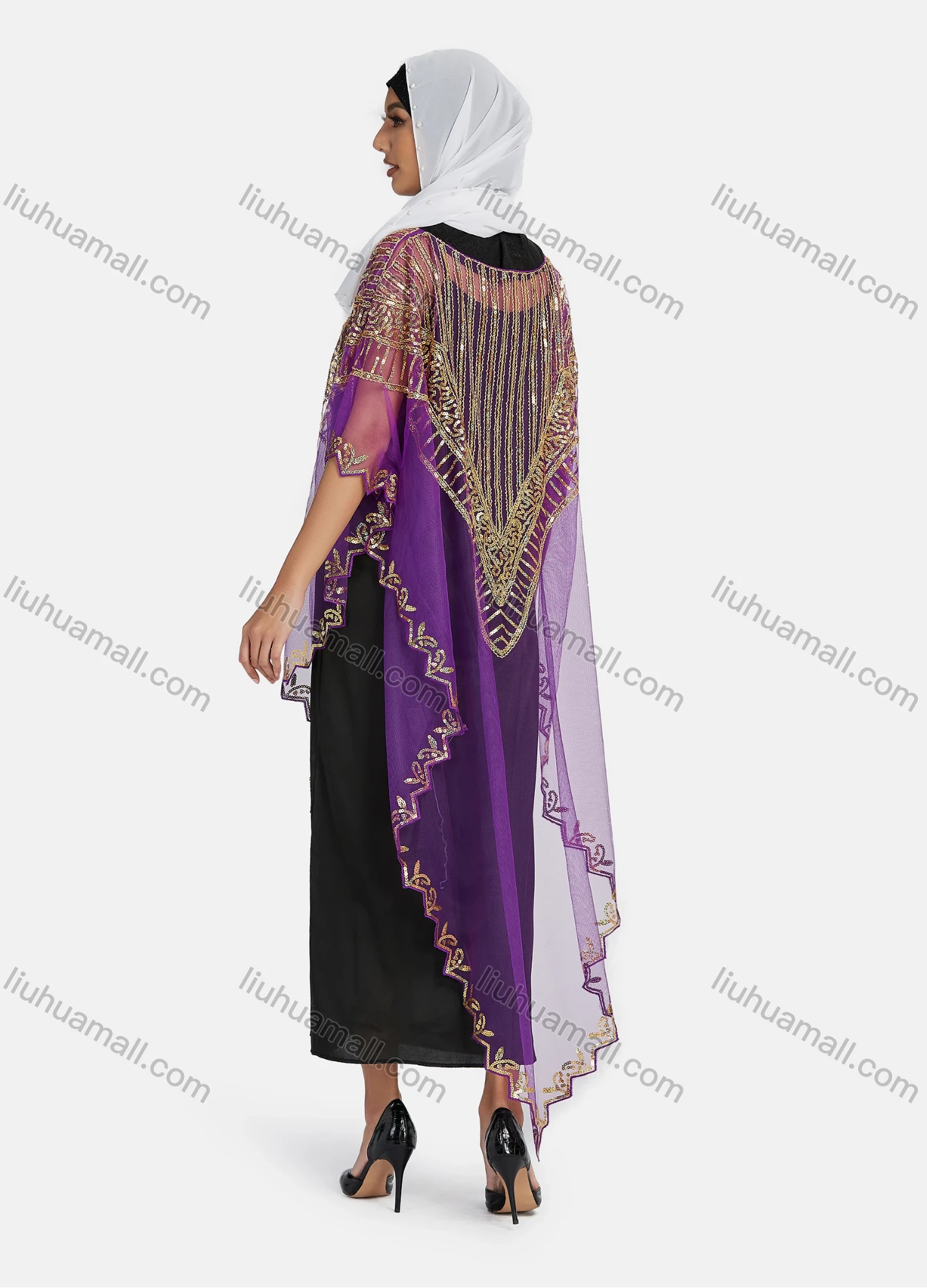 Wholesale Women's Arabic Dubai Round Neck Half Sleeve Muslim Islamic Sequin Glitter Cover Up Cloak - Liuhuamall