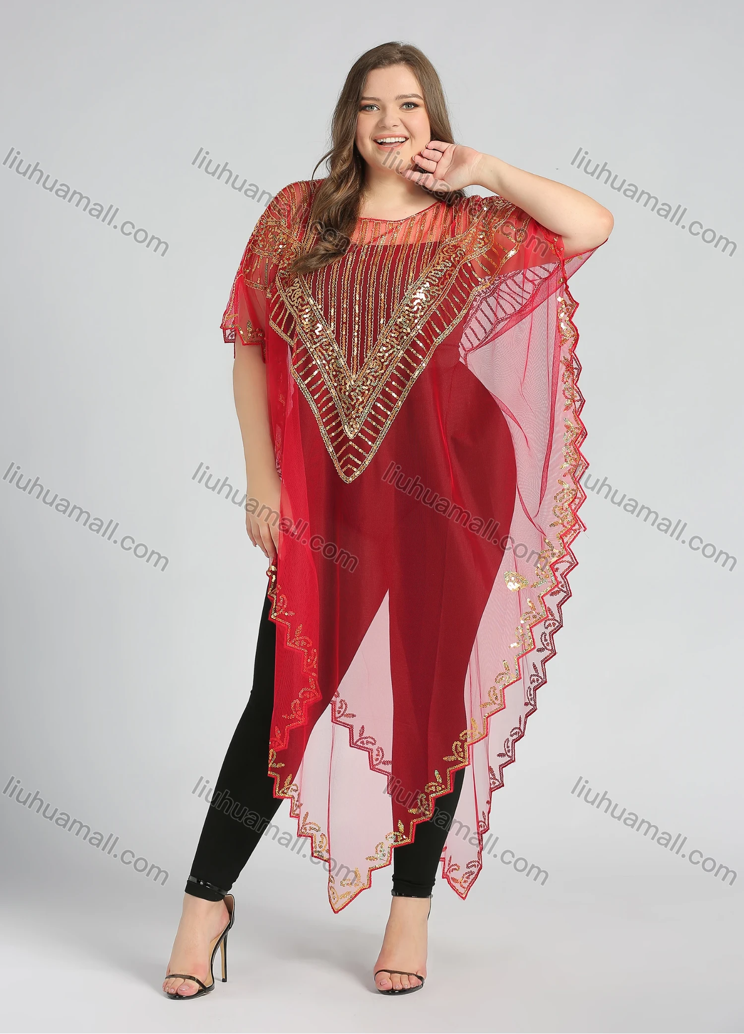 Wholesale Women's Arabic Dubai Round Neck Half Sleeve Muslim Islamic Sequin Glitter Cover Up Cloak - Liuhuamall