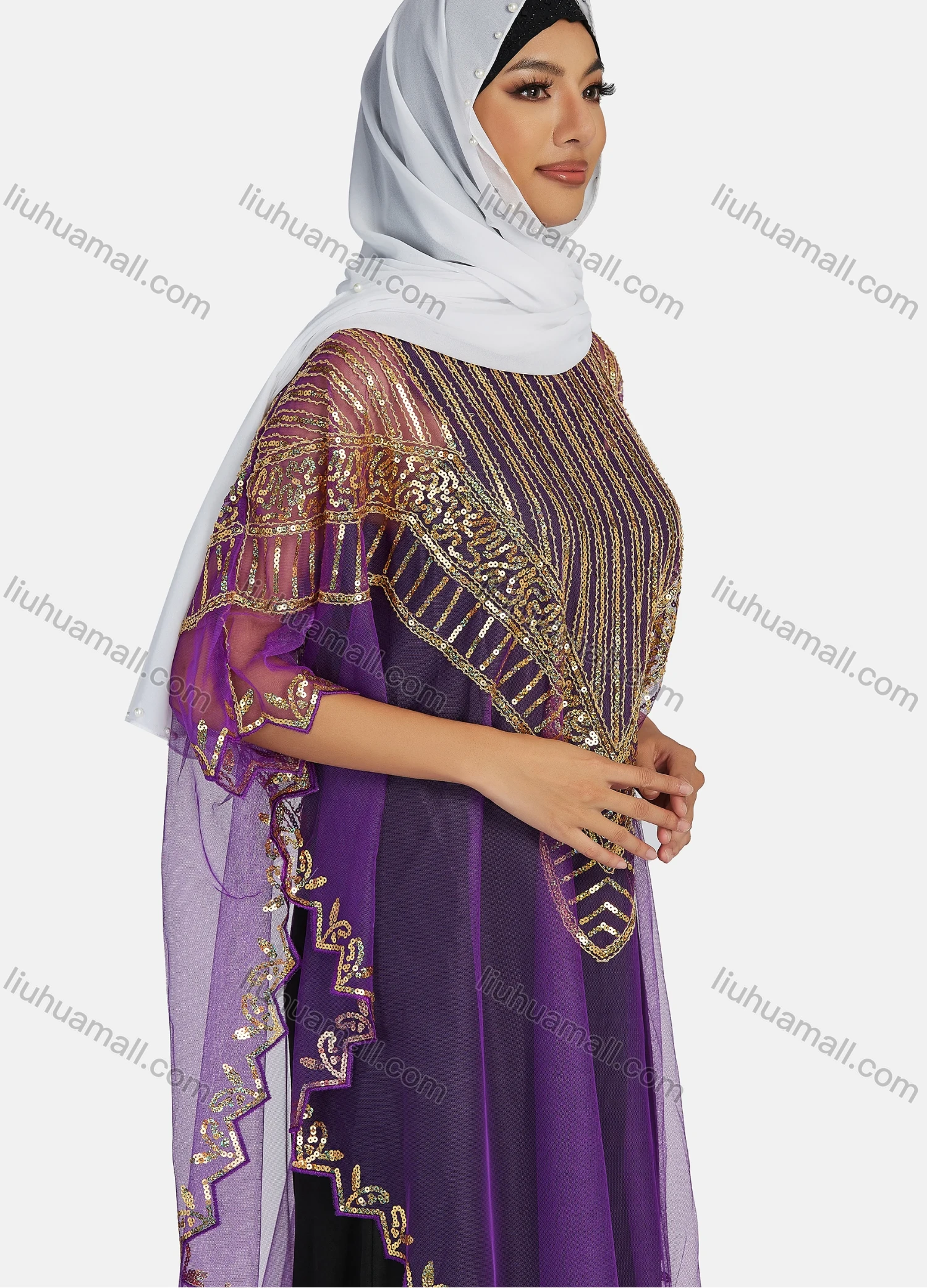 Wholesale Women's Arabic Dubai Round Neck Half Sleeve Muslim Islamic Sequin Glitter Cover Up Cloak - Liuhuamall