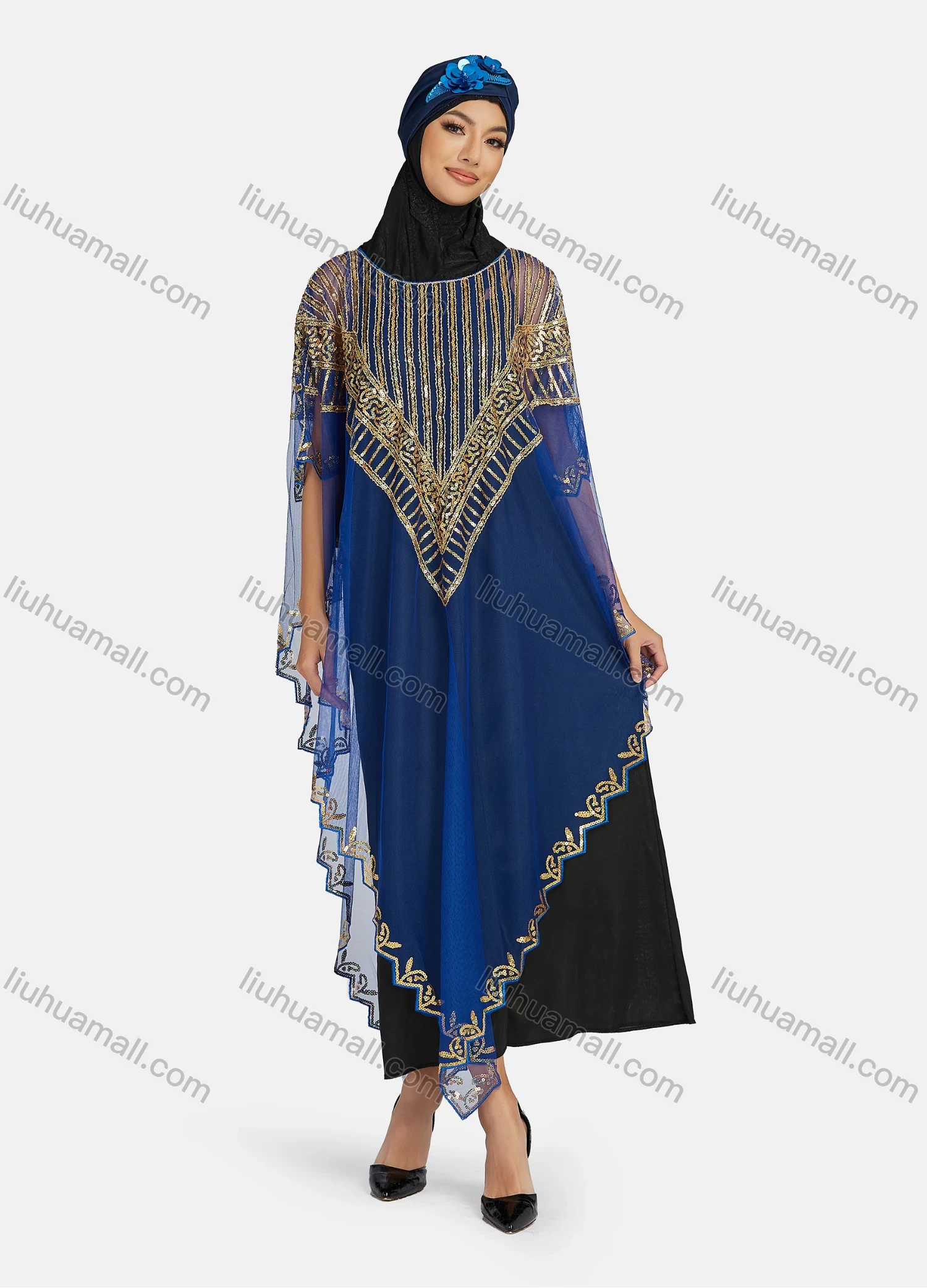 Wholesale Women's Arabic Dubai Round Neck Half Sleeve Muslim Islamic Sequin Glitter Cover Up Cloak - Liuhuamall