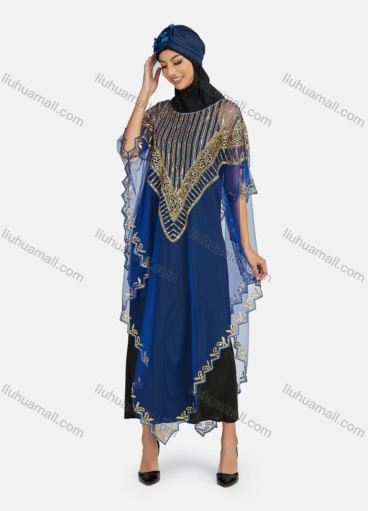 Wholesale Women's Arabic Dubai Round Neck Half Sleeve Muslim Islamic Sequin Glitter Cover Up Cloak - Liuhuamall