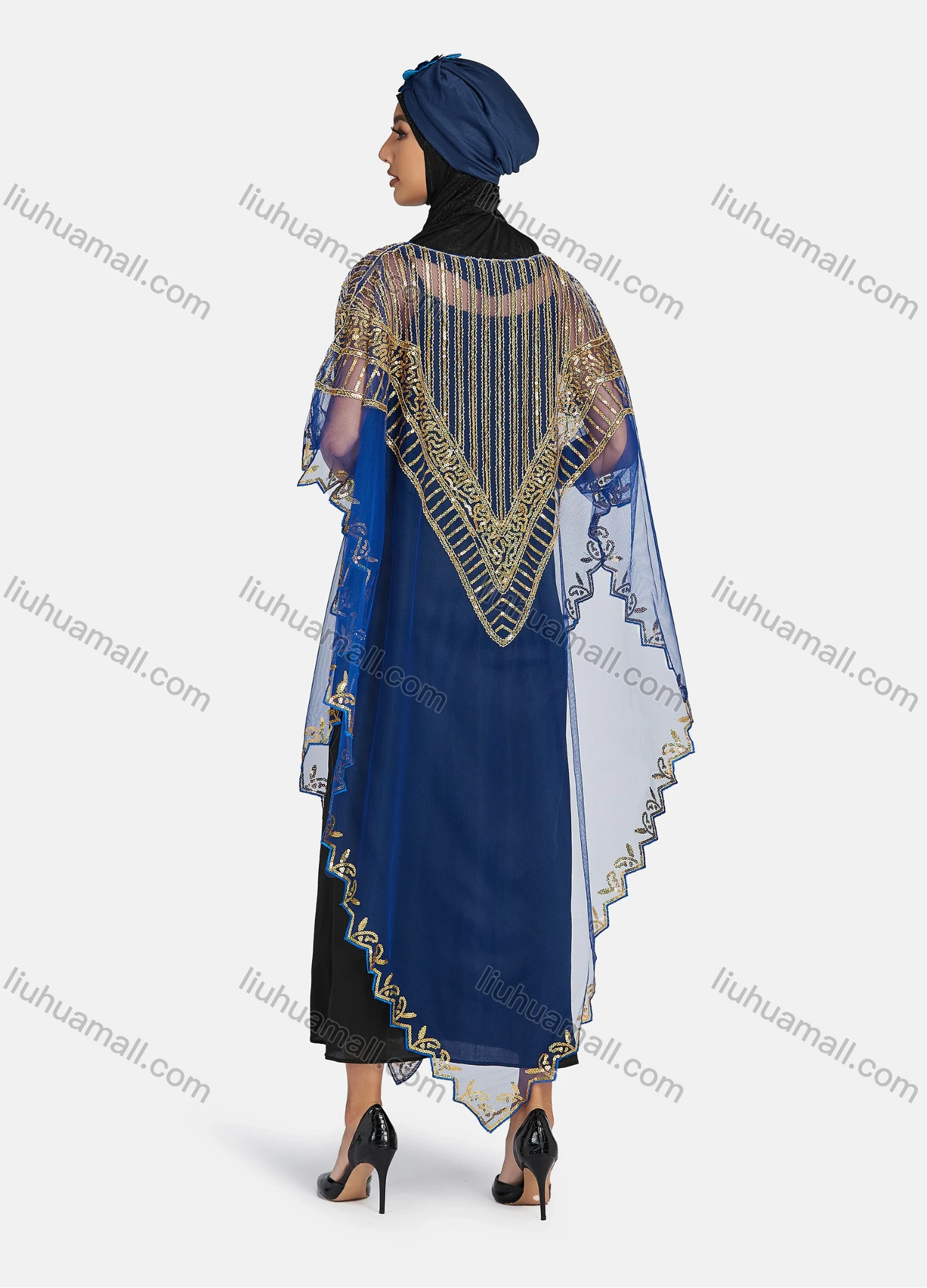 Wholesale Women's Arabic Dubai Round Neck Half Sleeve Muslim Islamic Sequin Glitter Cover Up Cloak - Liuhuamall