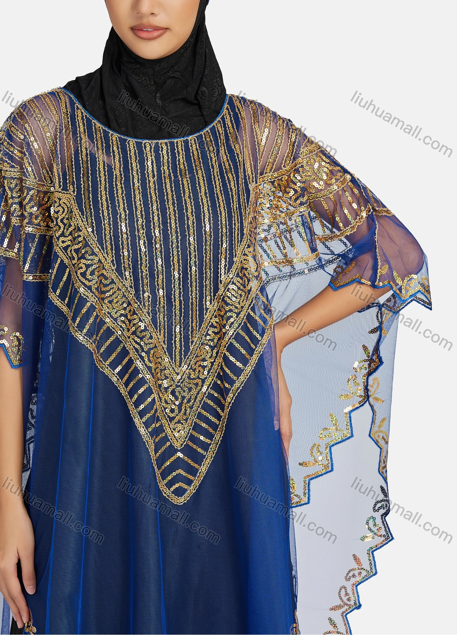 Wholesale Women's Arabic Dubai Round Neck Half Sleeve Muslim Islamic Sequin Glitter Cover Up Cloak - Liuhuamall