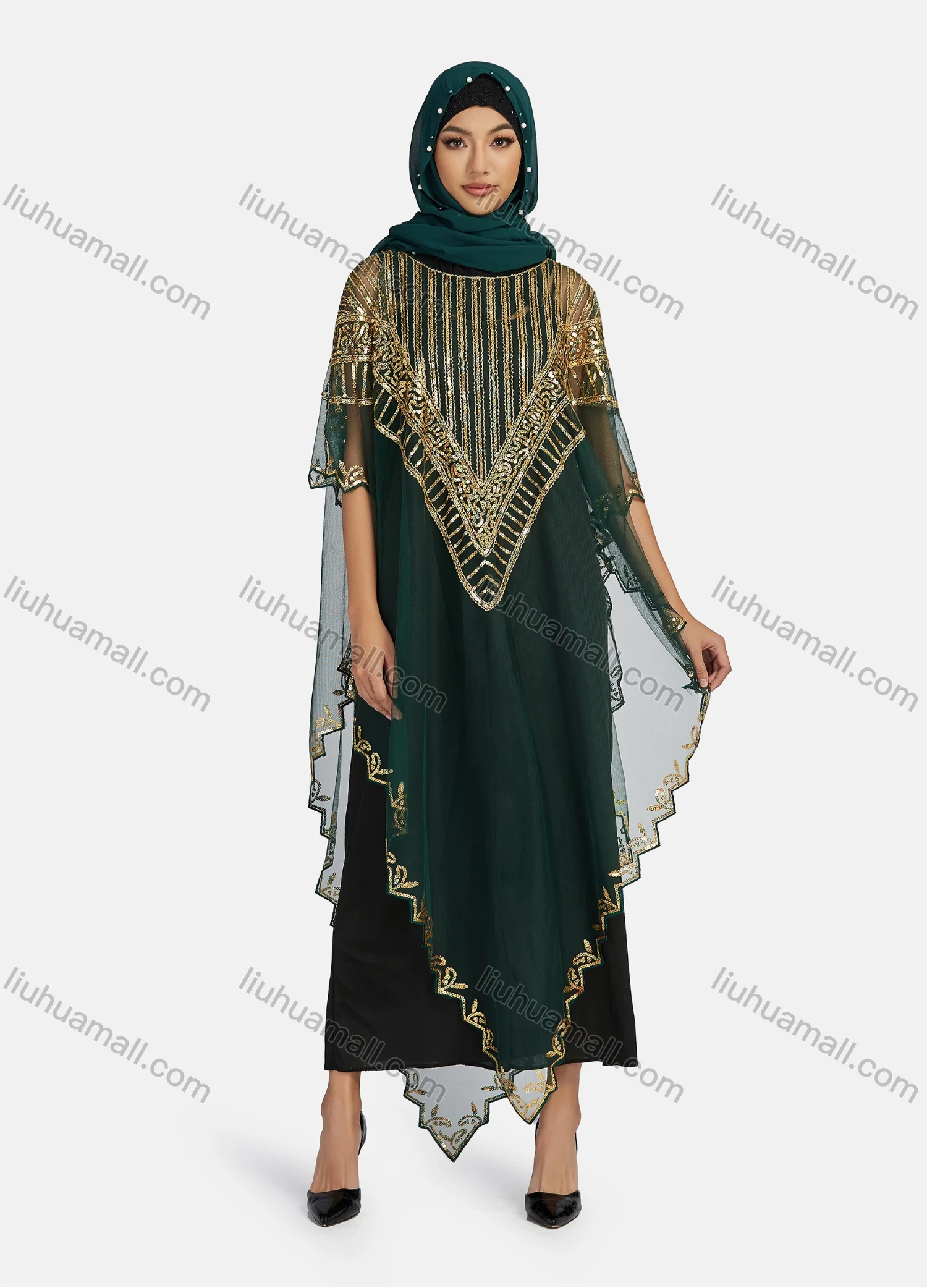 Wholesale Women's Arabic Dubai Round Neck Half Sleeve Muslim Islamic Sequin Glitter Cover Up Cloak - Liuhuamall