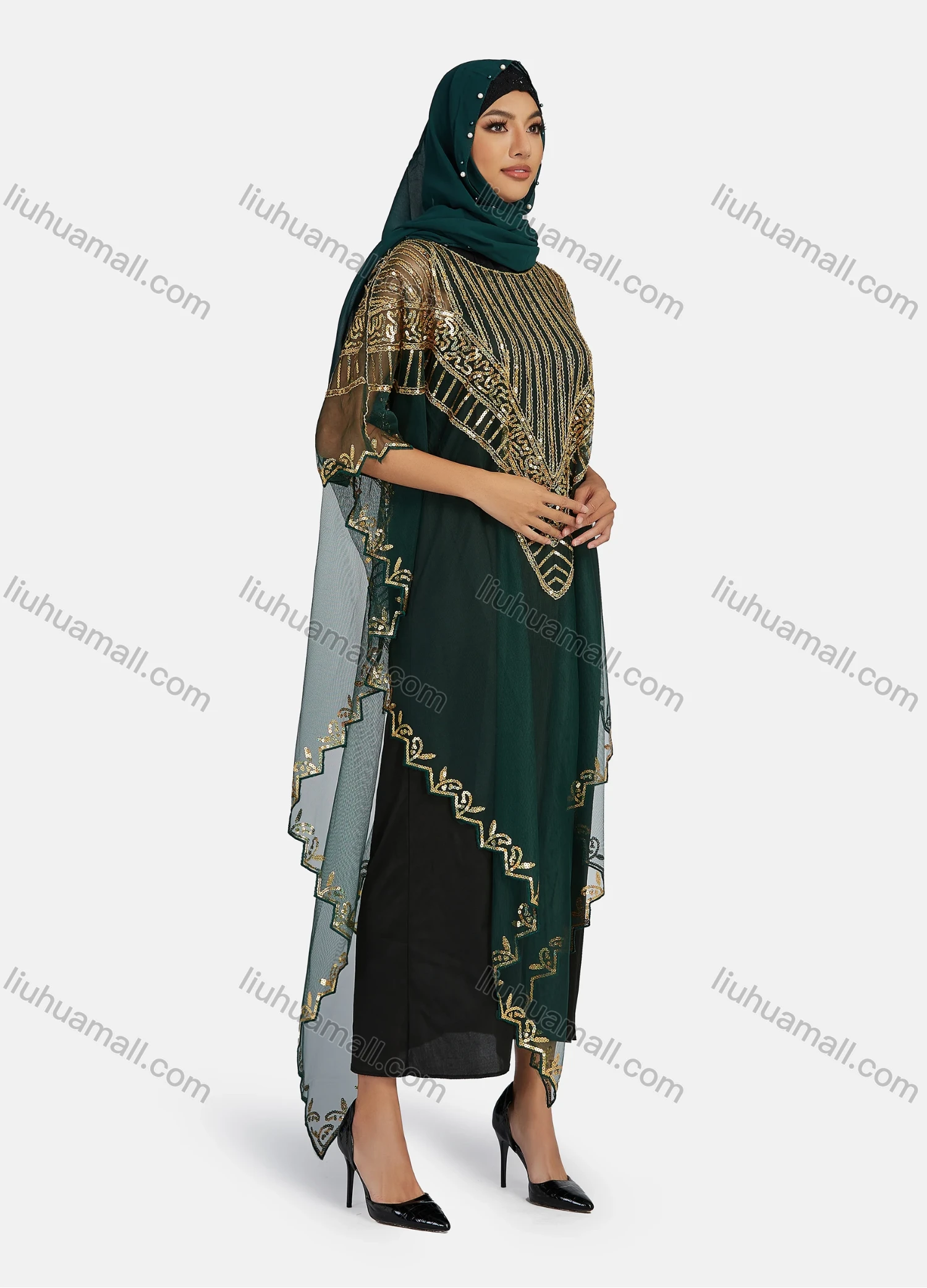 Wholesale Women's Arabic Dubai Round Neck Half Sleeve Muslim Islamic Sequin Glitter Cover Up Cloak - Liuhuamall