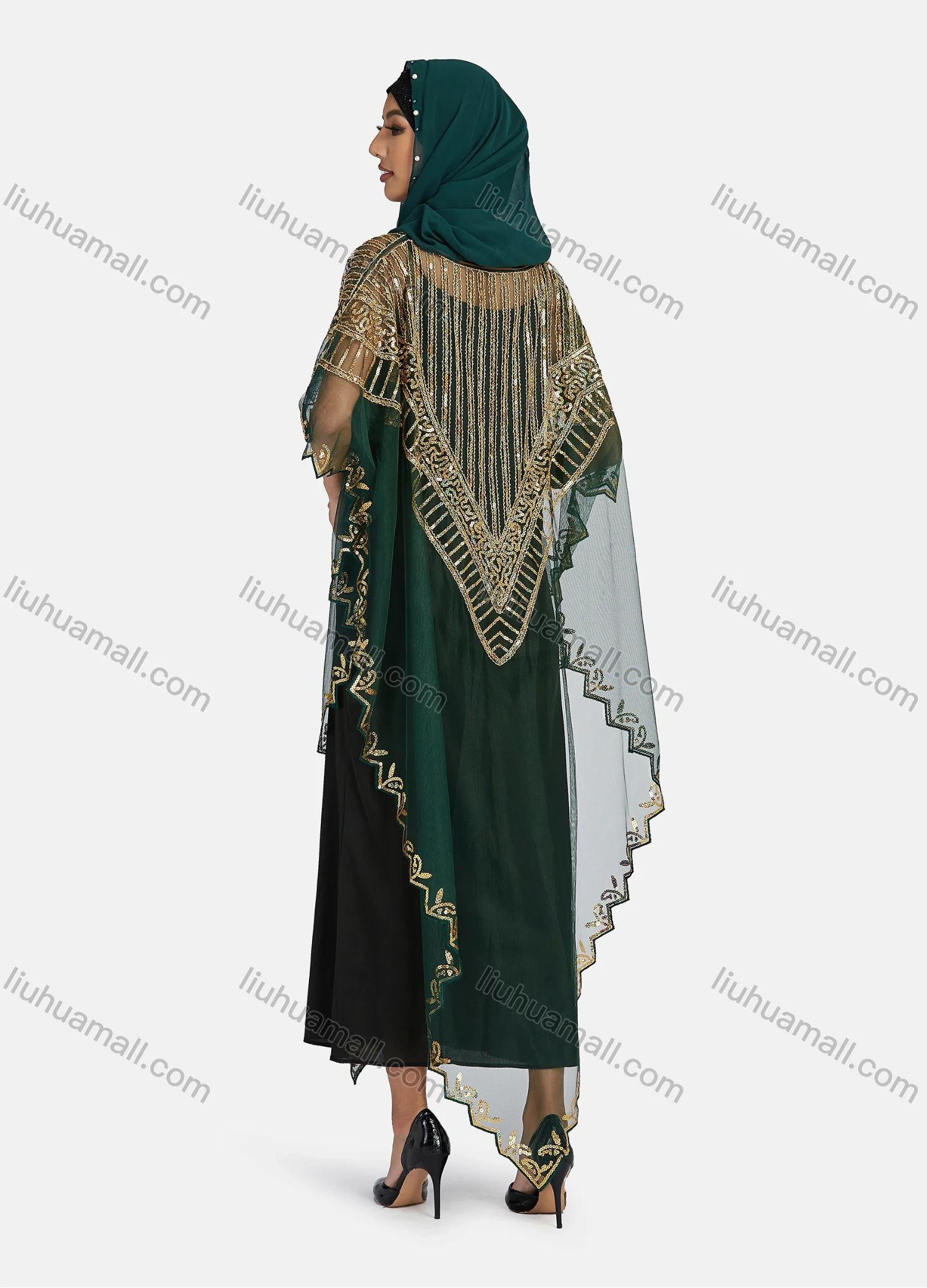 Wholesale Women's Arabic Dubai Round Neck Half Sleeve Muslim Islamic Sequin Glitter Cover Up Cloak - Liuhuamall