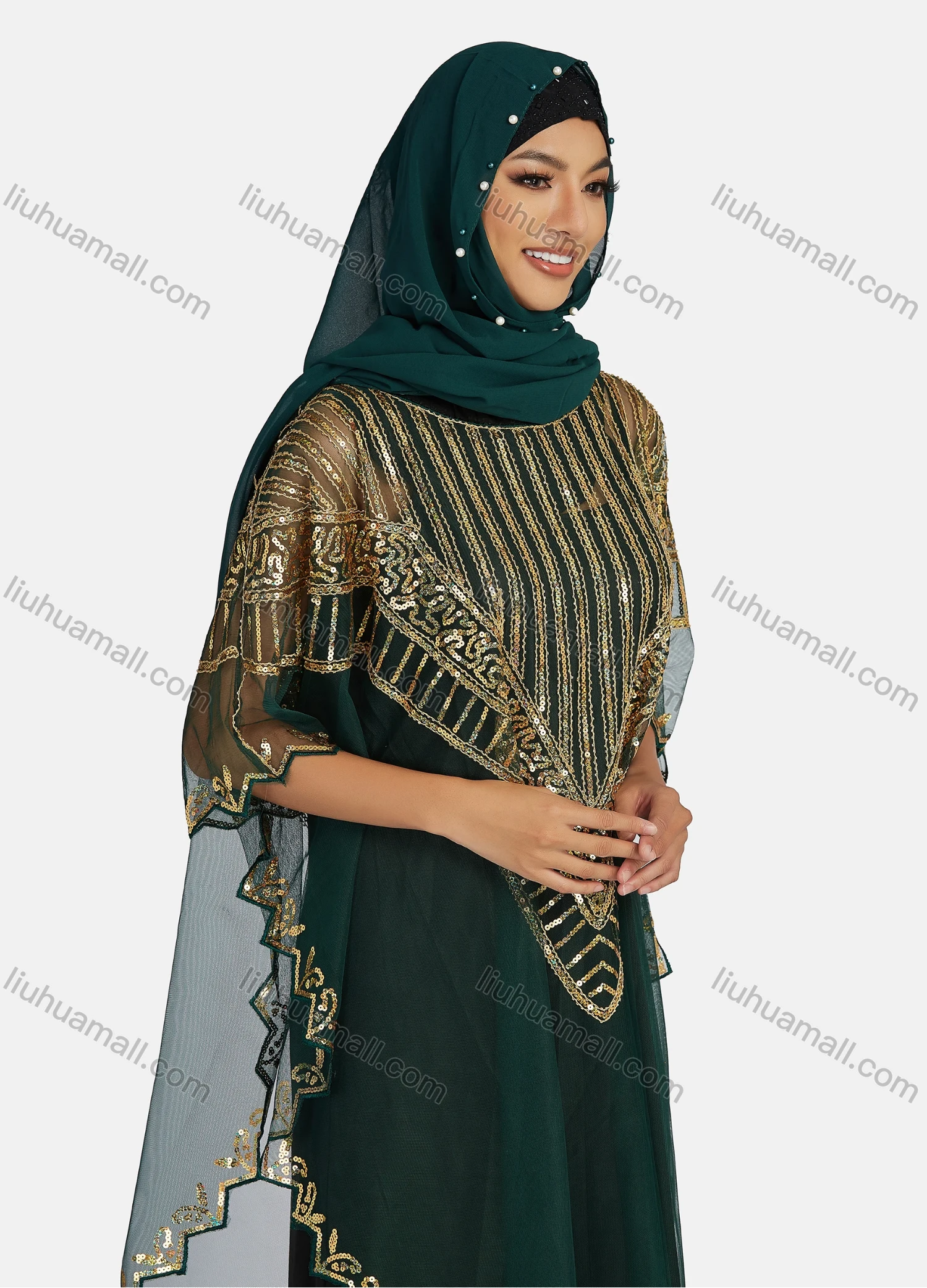 Wholesale Women's Arabic Dubai Round Neck Half Sleeve Muslim Islamic Sequin Glitter Cover Up Cloak - Liuhuamall