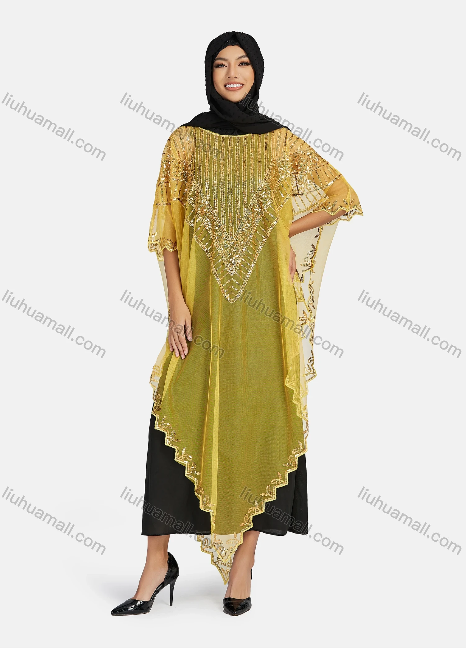 Wholesale Women's Arabic Dubai Round Neck Half Sleeve Muslim Islamic Sequin Glitter Cover Up Cloak - Liuhuamall
