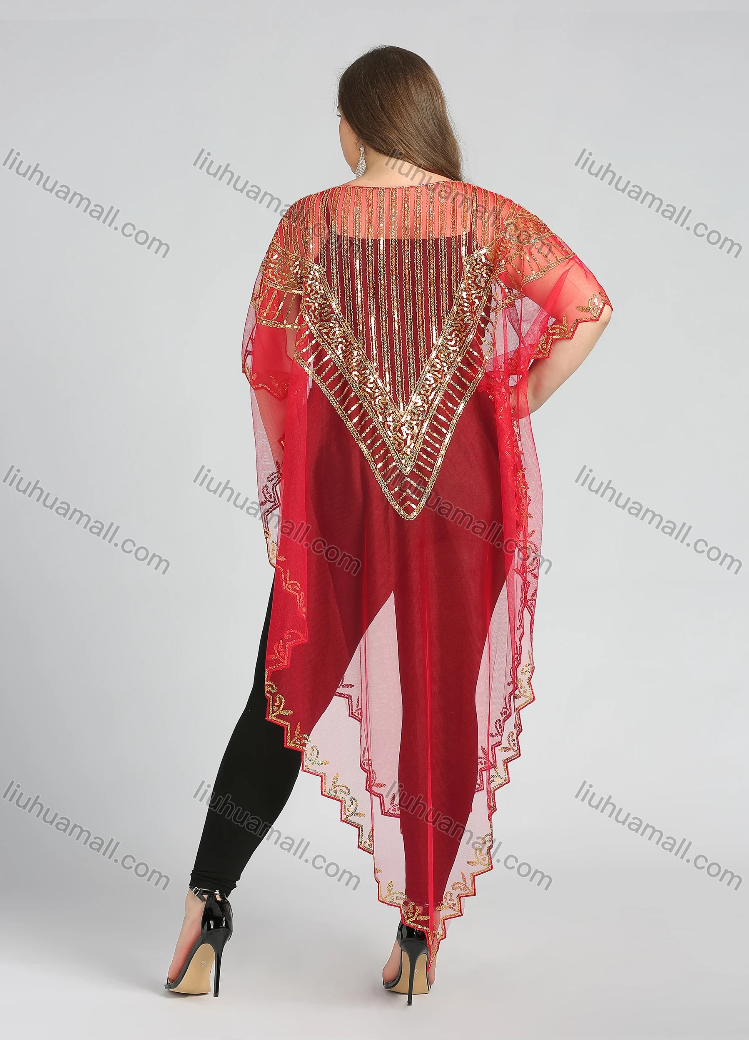 Wholesale Women's Arabic Dubai Round Neck Half Sleeve Muslim Islamic Sequin Glitter Cover Up Cloak - Liuhuamall