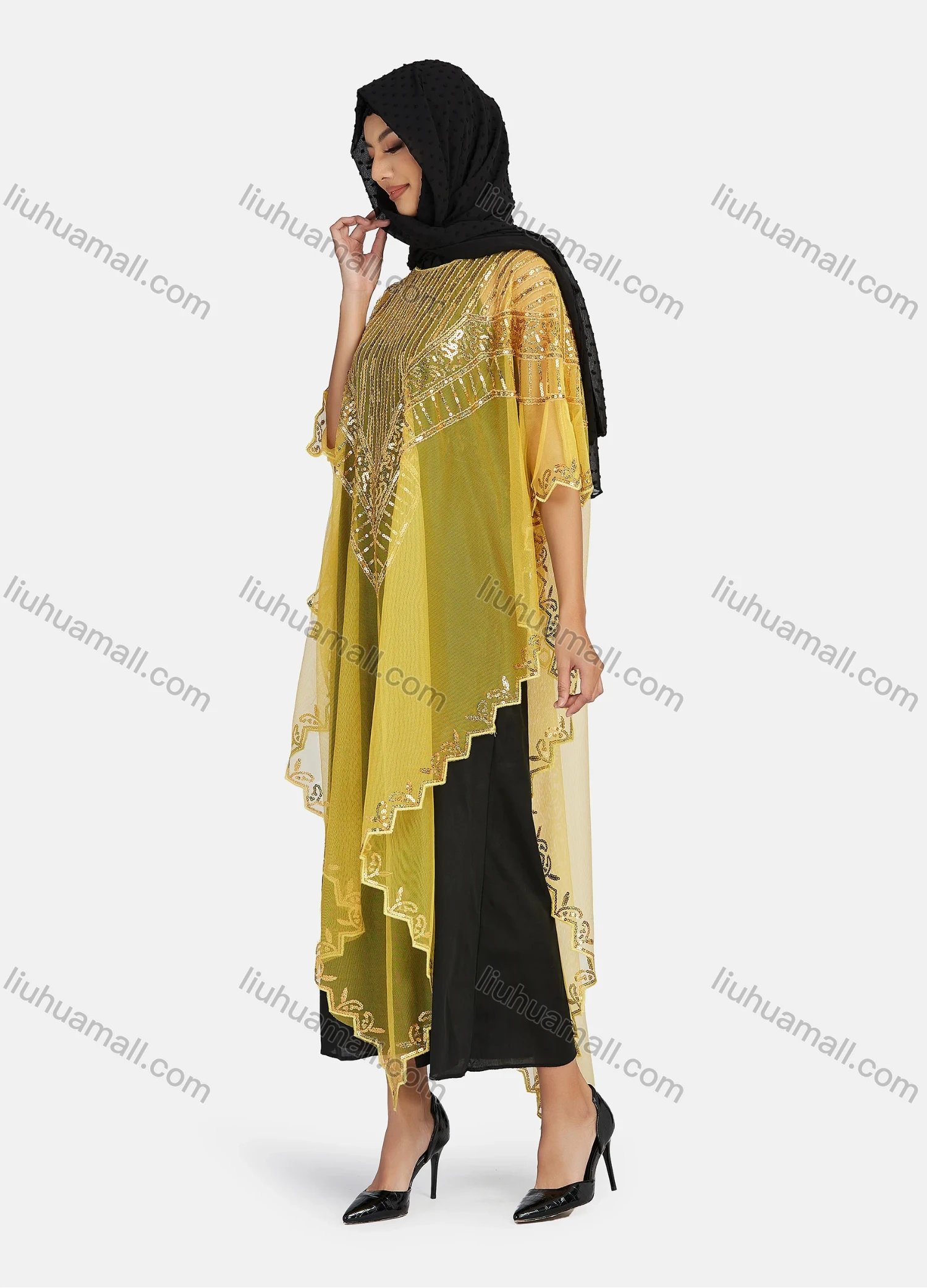 Wholesale Women's Arabic Dubai Round Neck Half Sleeve Muslim Islamic Sequin Glitter Cover Up Cloak - Liuhuamall