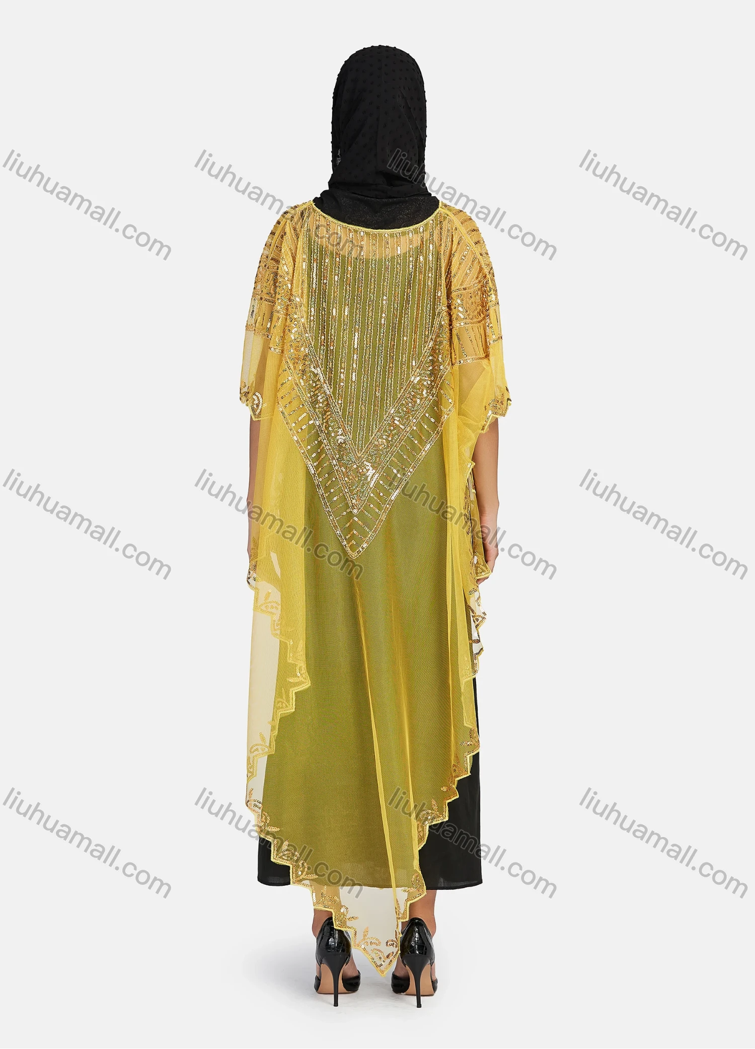 Wholesale Women's Arabic Dubai Round Neck Half Sleeve Muslim Islamic Sequin Glitter Cover Up Cloak - Liuhuamall
