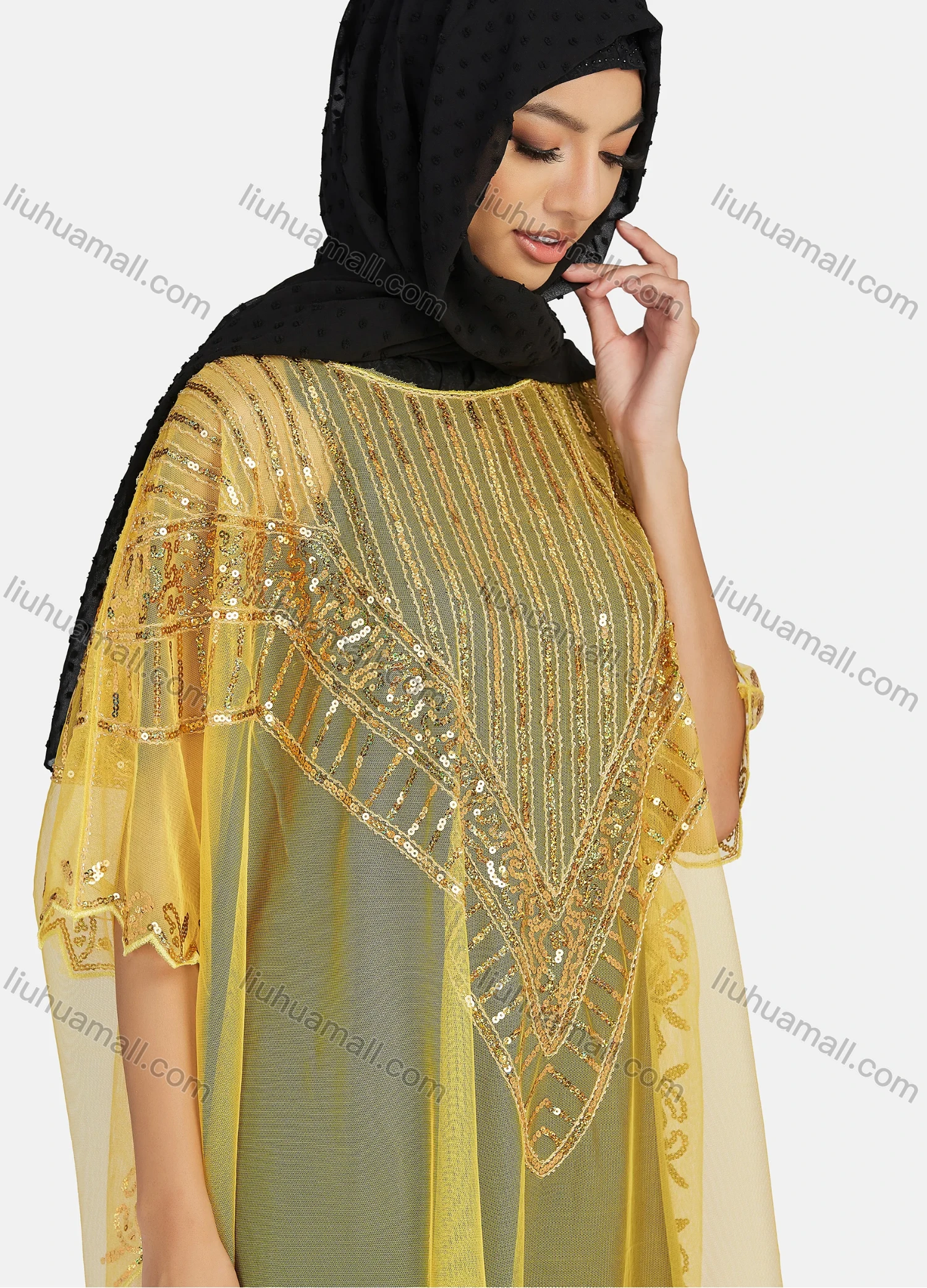 Wholesale Women's Arabic Dubai Round Neck Half Sleeve Muslim Islamic Sequin Glitter Cover Up Cloak - Liuhuamall