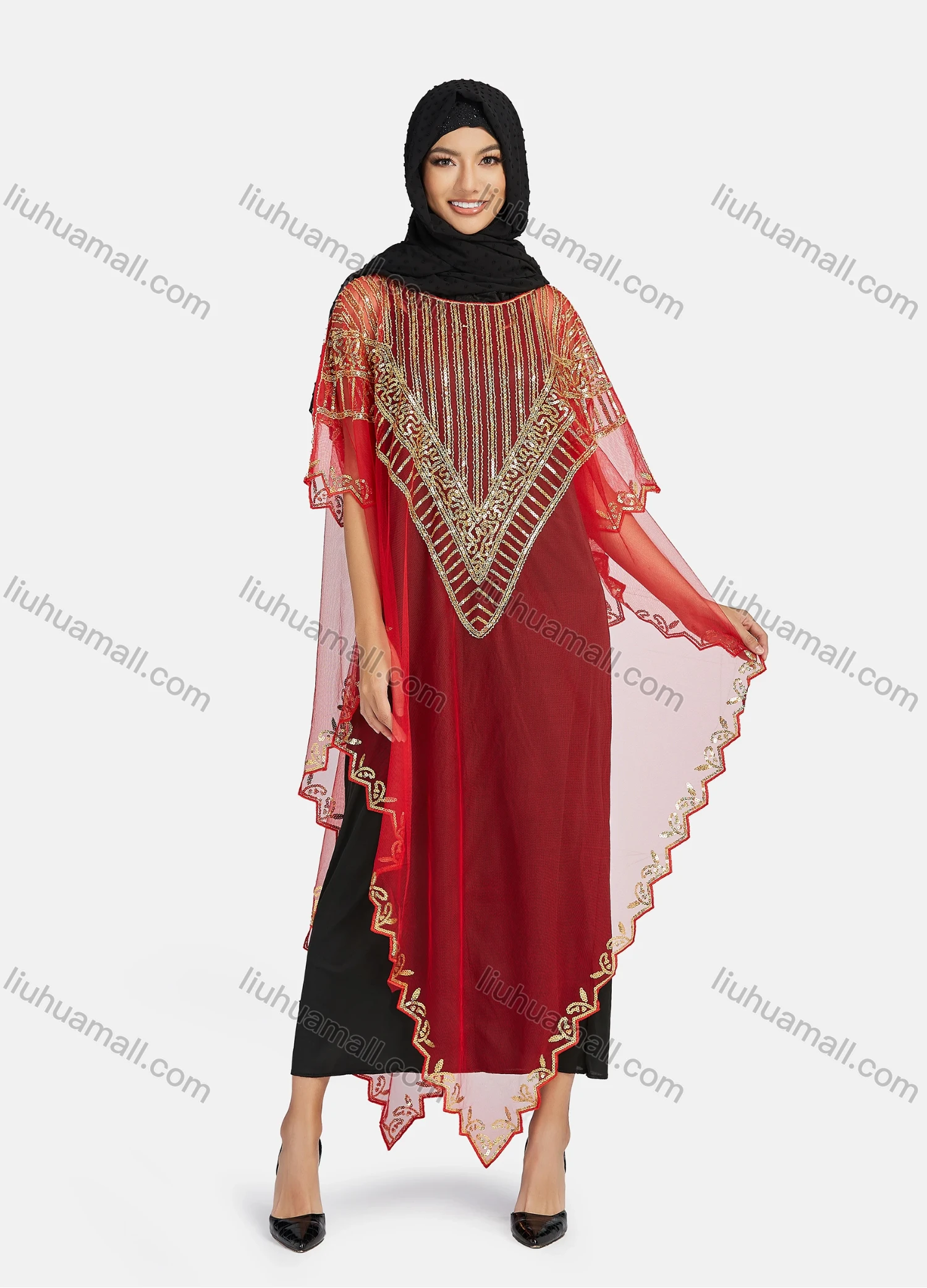Wholesale Women's Arabic Dubai Round Neck Half Sleeve Muslim Islamic Sequin Glitter Cover Up Cloak - Liuhuamall