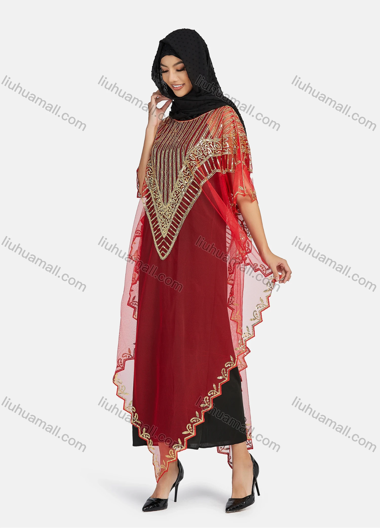 Wholesale Women's Arabic Dubai Round Neck Half Sleeve Muslim Islamic Sequin Glitter Cover Up Cloak - Liuhuamall