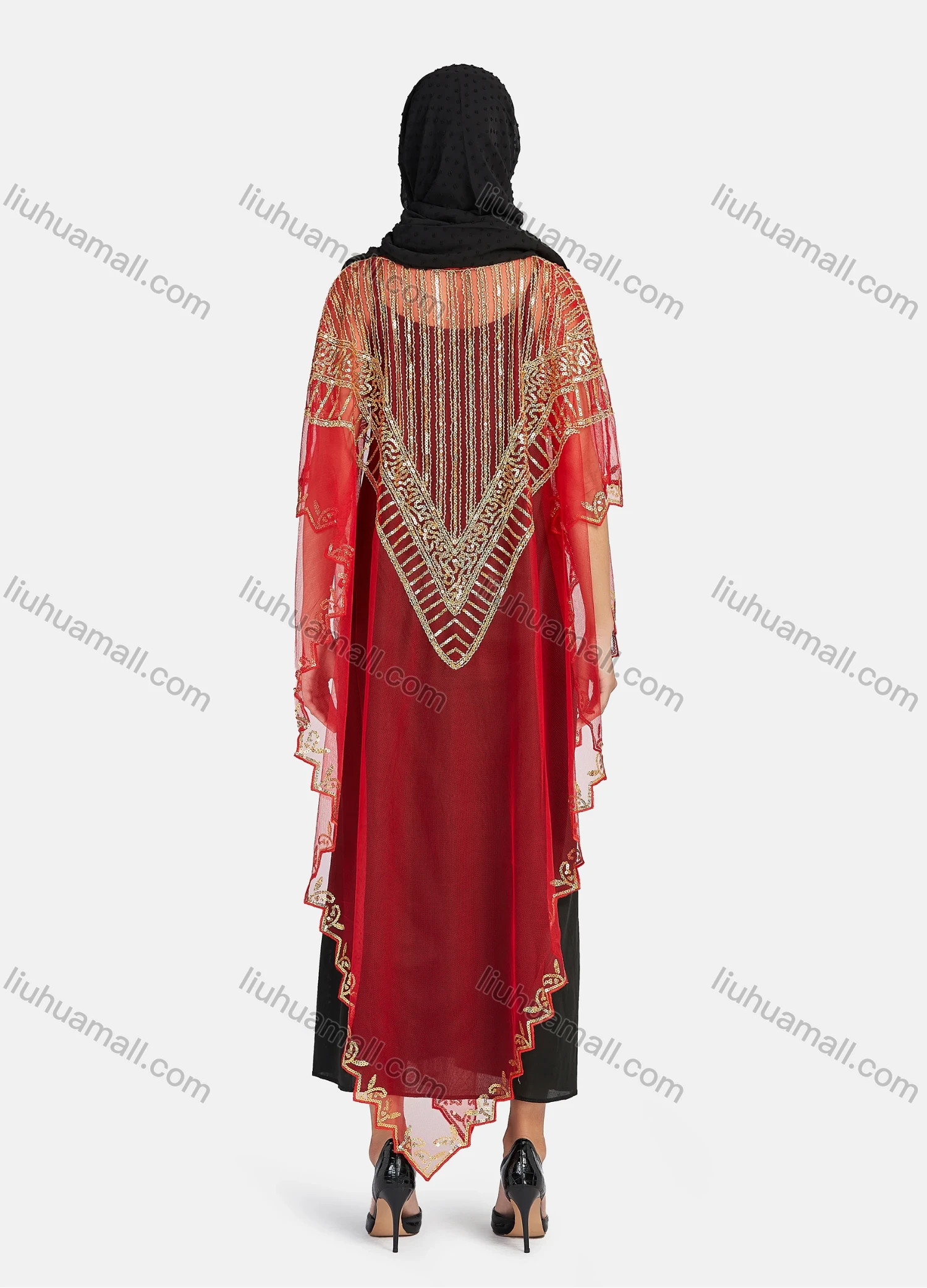 Wholesale Women's Arabic Dubai Round Neck Half Sleeve Muslim Islamic Sequin Glitter Cover Up Cloak - Liuhuamall