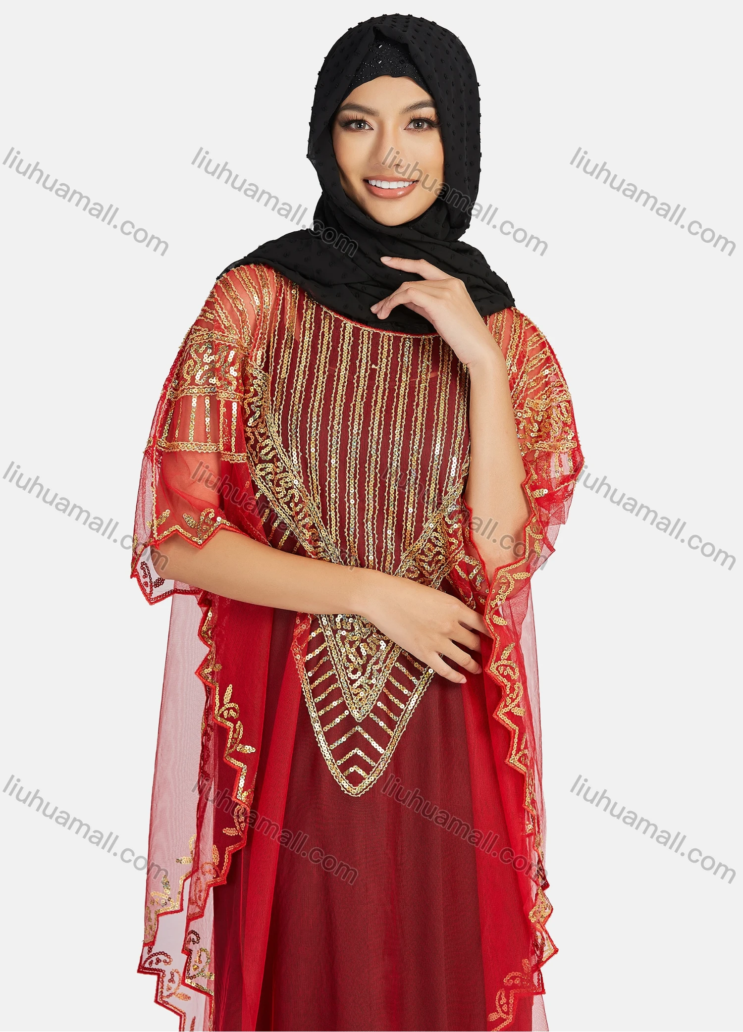 Wholesale Women's Arabic Dubai Round Neck Half Sleeve Muslim Islamic Sequin Glitter Cover Up Cloak - Liuhuamall