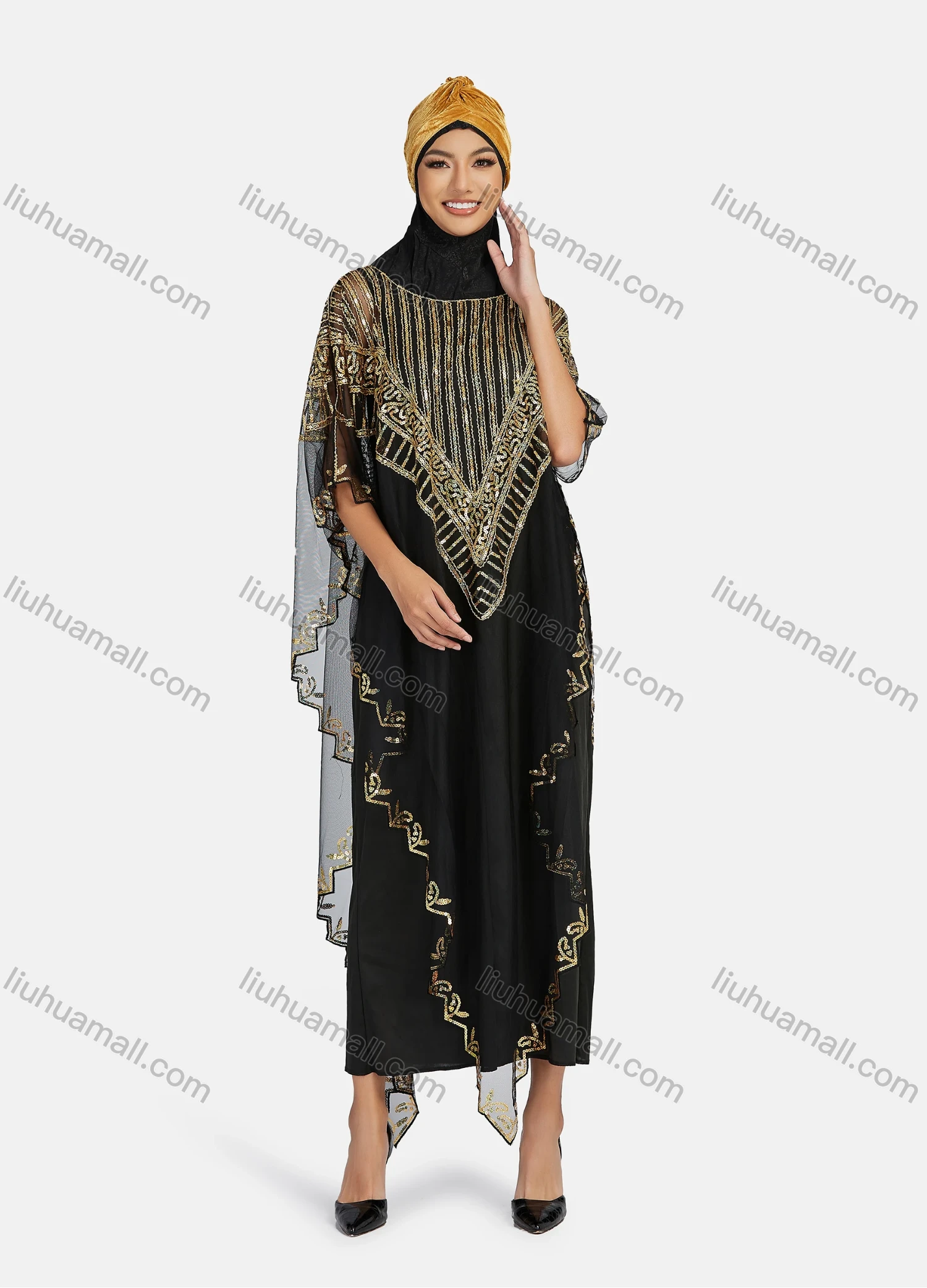 Wholesale Women's Arabic Dubai Round Neck Half Sleeve Muslim Islamic Sequin Glitter Cover Up Cloak - Liuhuamall