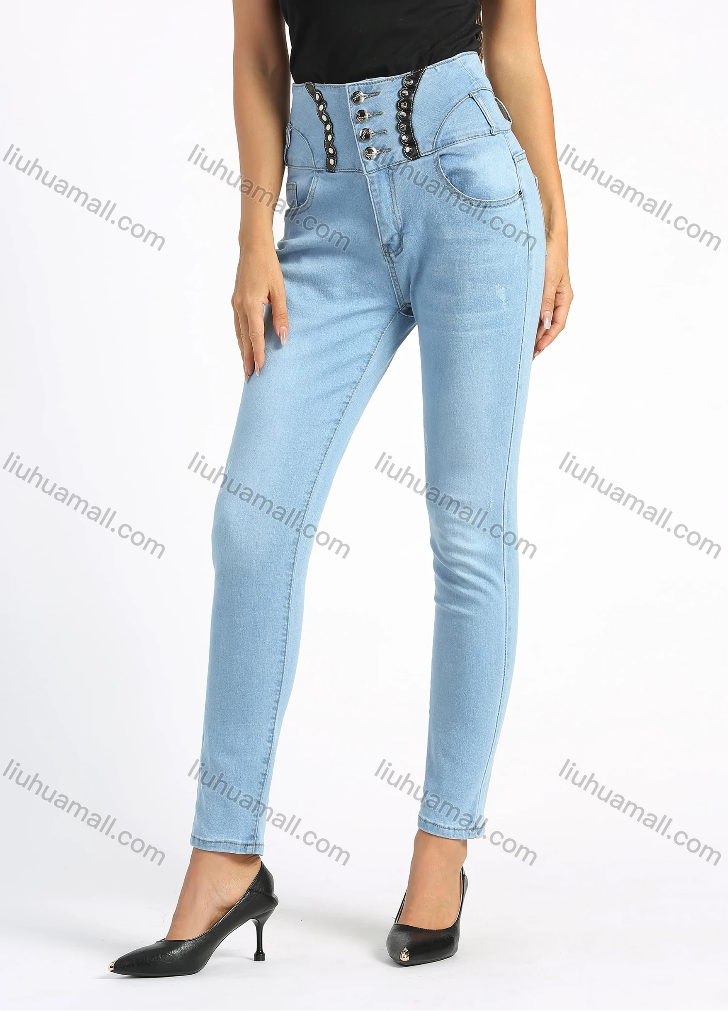 Wholesale Women's Fashion High Waist Button Front Patch Pocket Skinny Jeans - Liuhuamall