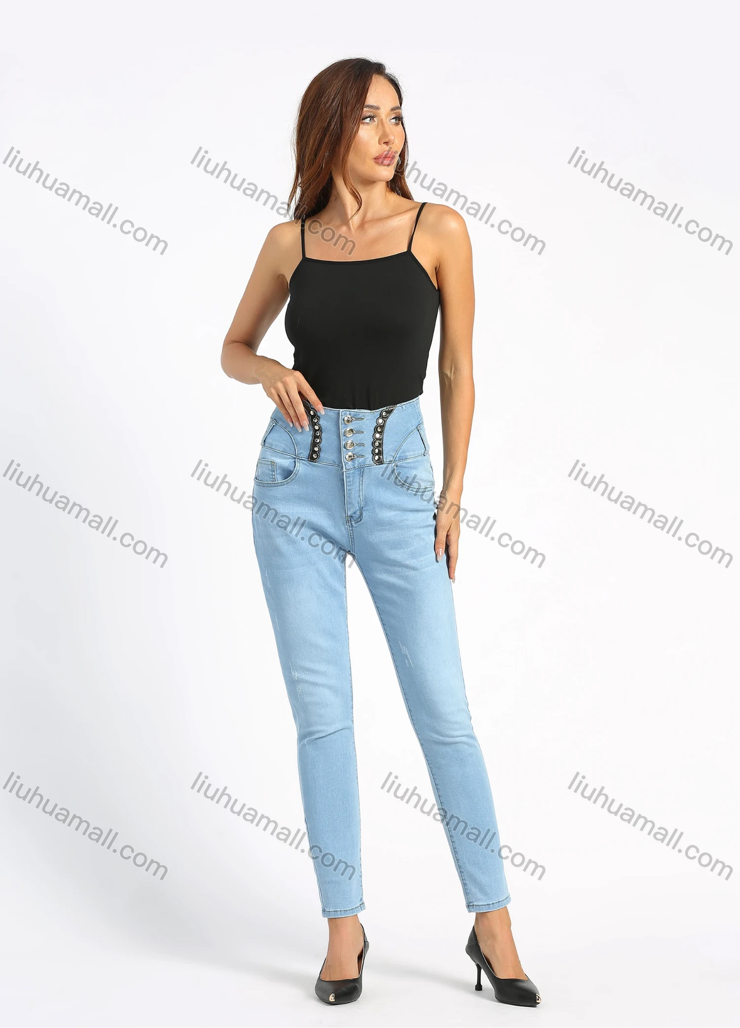 Wholesale Women's Fashion High Waist Button Front Patch Pocket Skinny Jeans - Liuhuamall