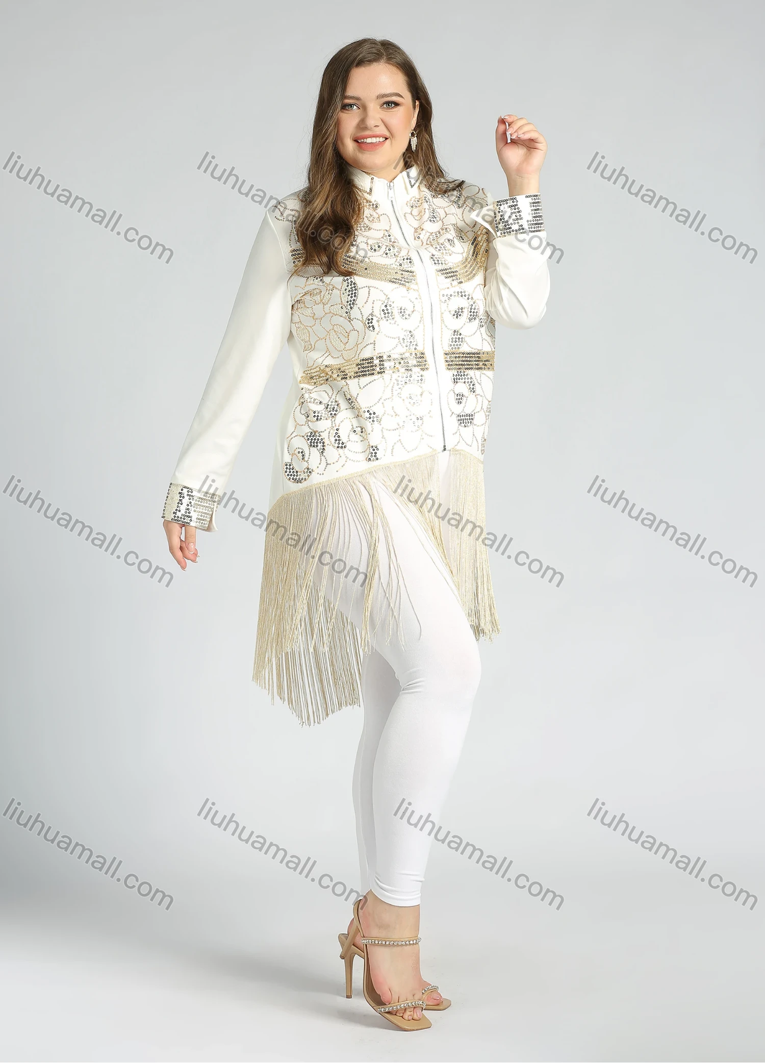 Wholesale Women's Plus Size Stand Collar Zip Sequin Glitter Tassel Hem Jacket - Liuhuamall