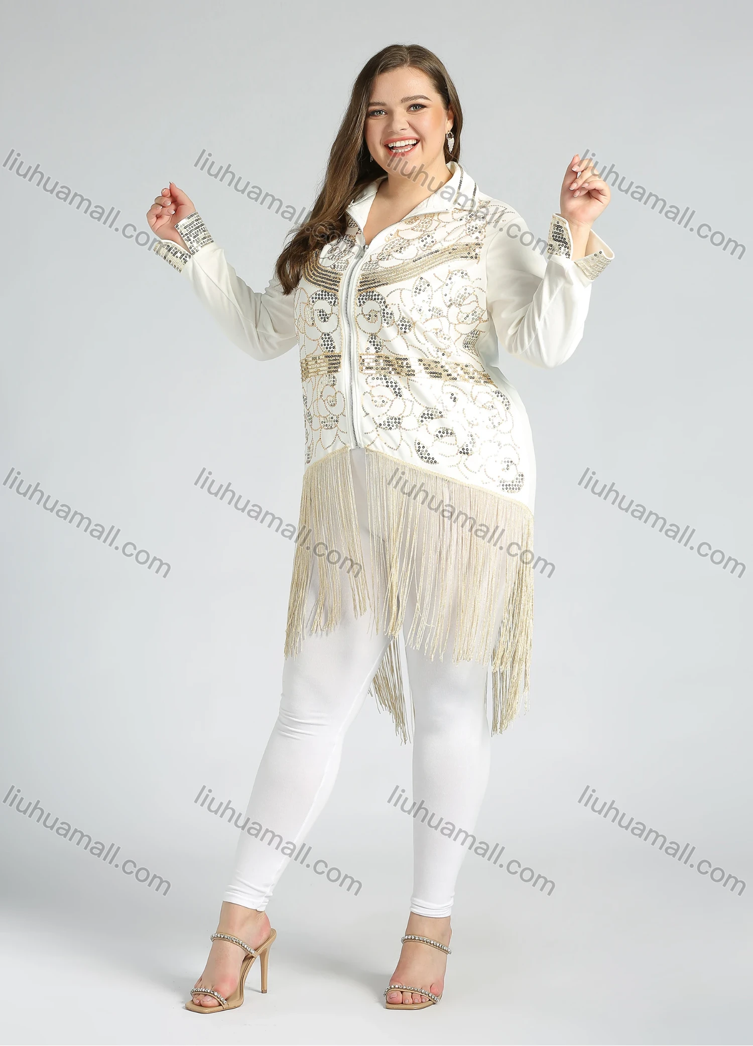 Wholesale Women's Plus Size Stand Collar Zip Sequin Glitter Tassel Hem Jacket - Liuhuamall