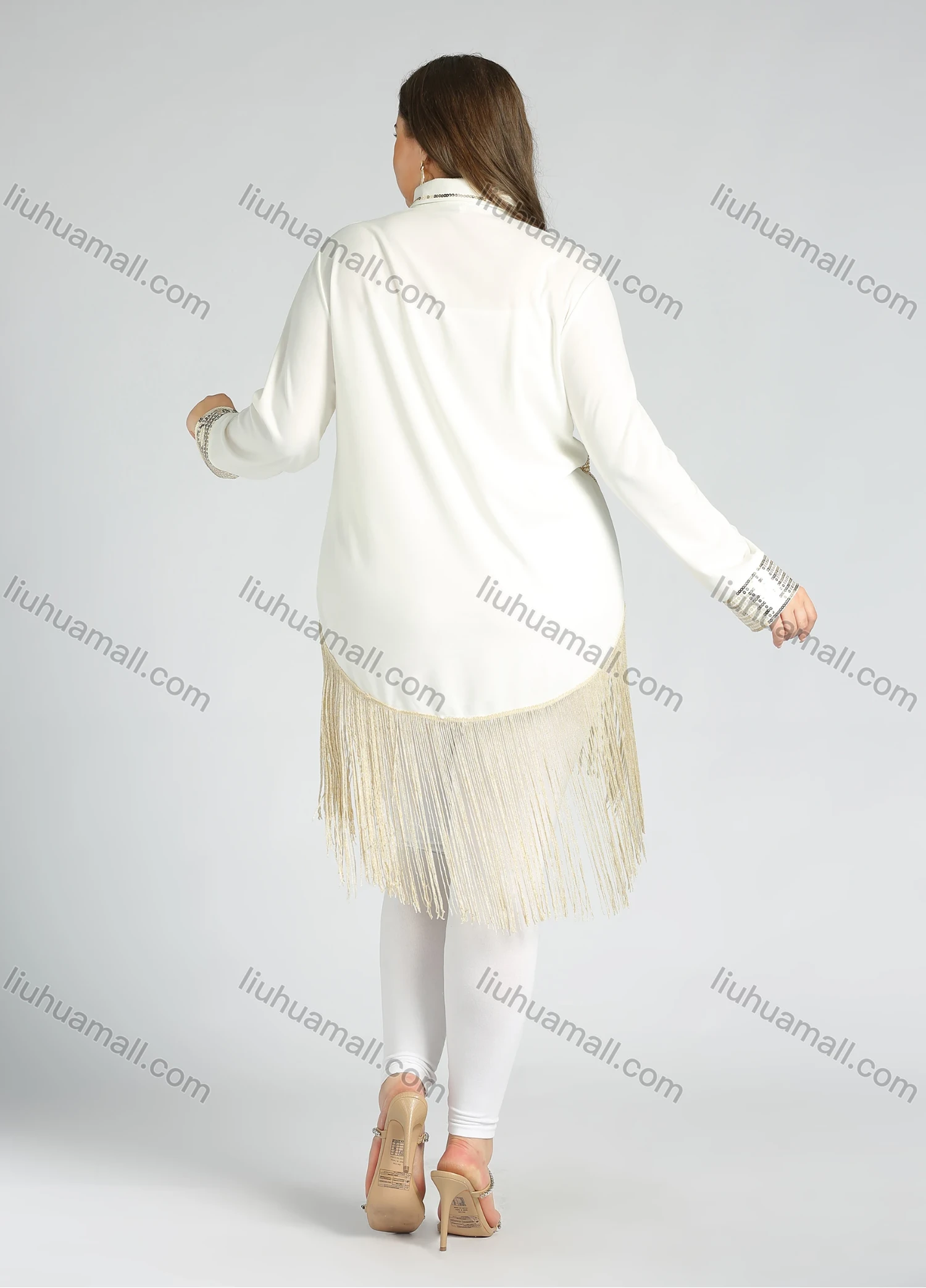 Wholesale Women's Plus Size Stand Collar Zip Sequin Glitter Tassel Hem Jacket - Liuhuamall