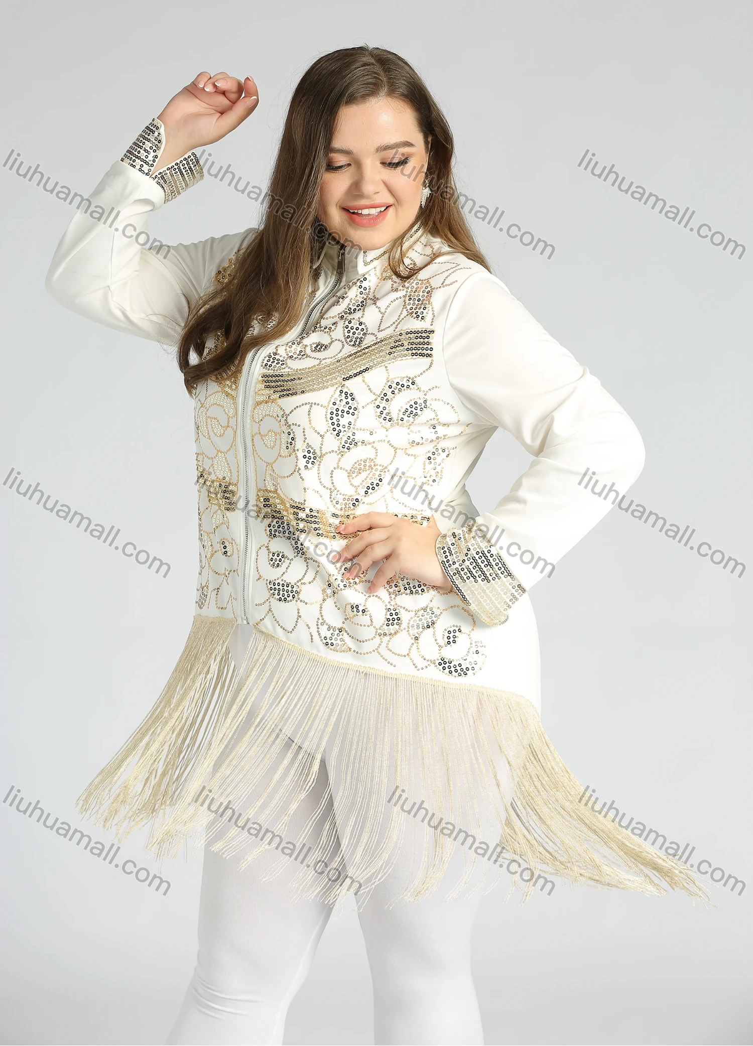 Wholesale Women's Plus Size Stand Collar Zip Sequin Glitter Tassel Hem Jacket - Liuhuamall