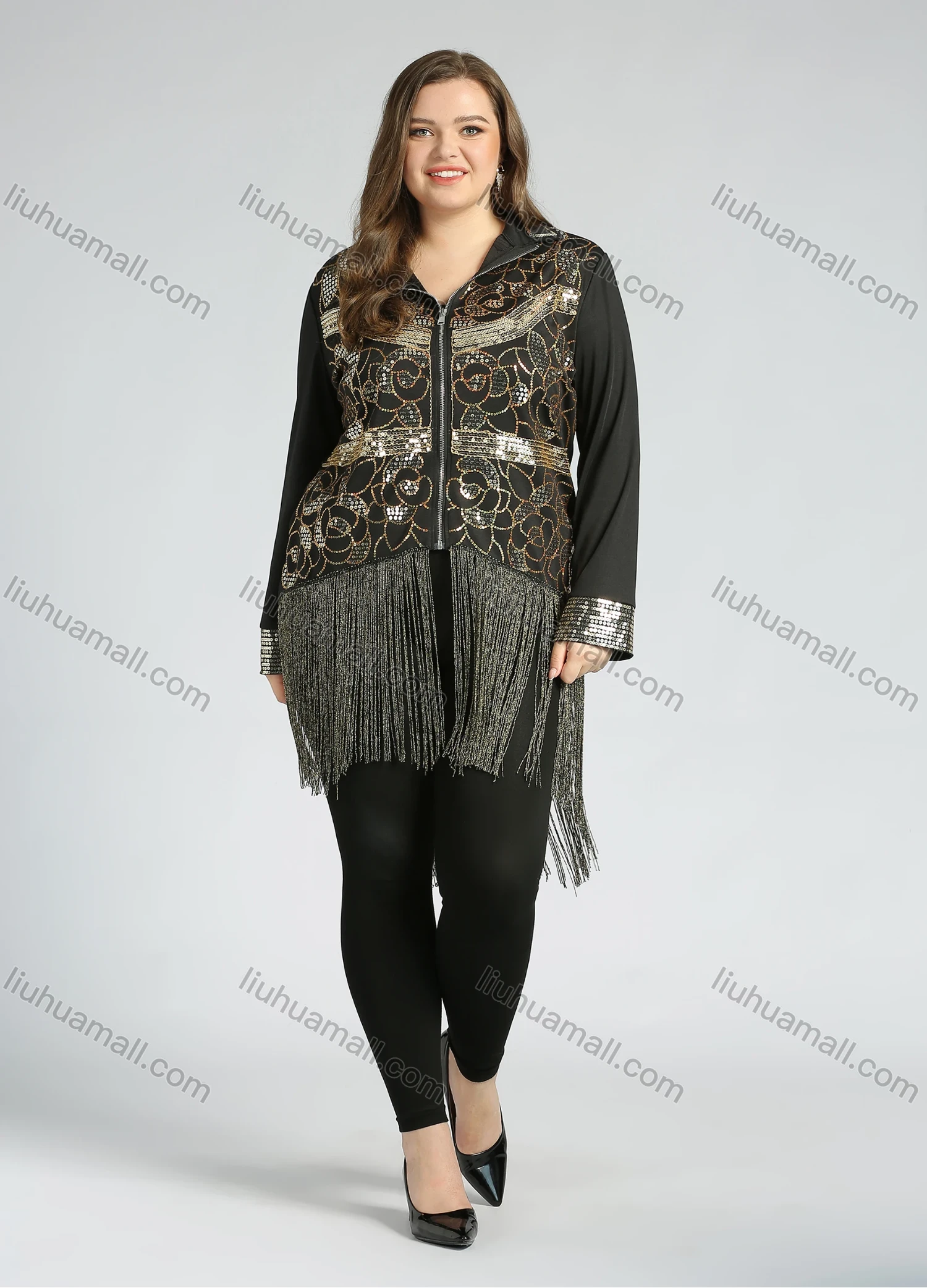 Wholesale Women's Plus Size Stand Collar Zip Sequin Glitter Tassel Hem Jacket - Liuhuamall