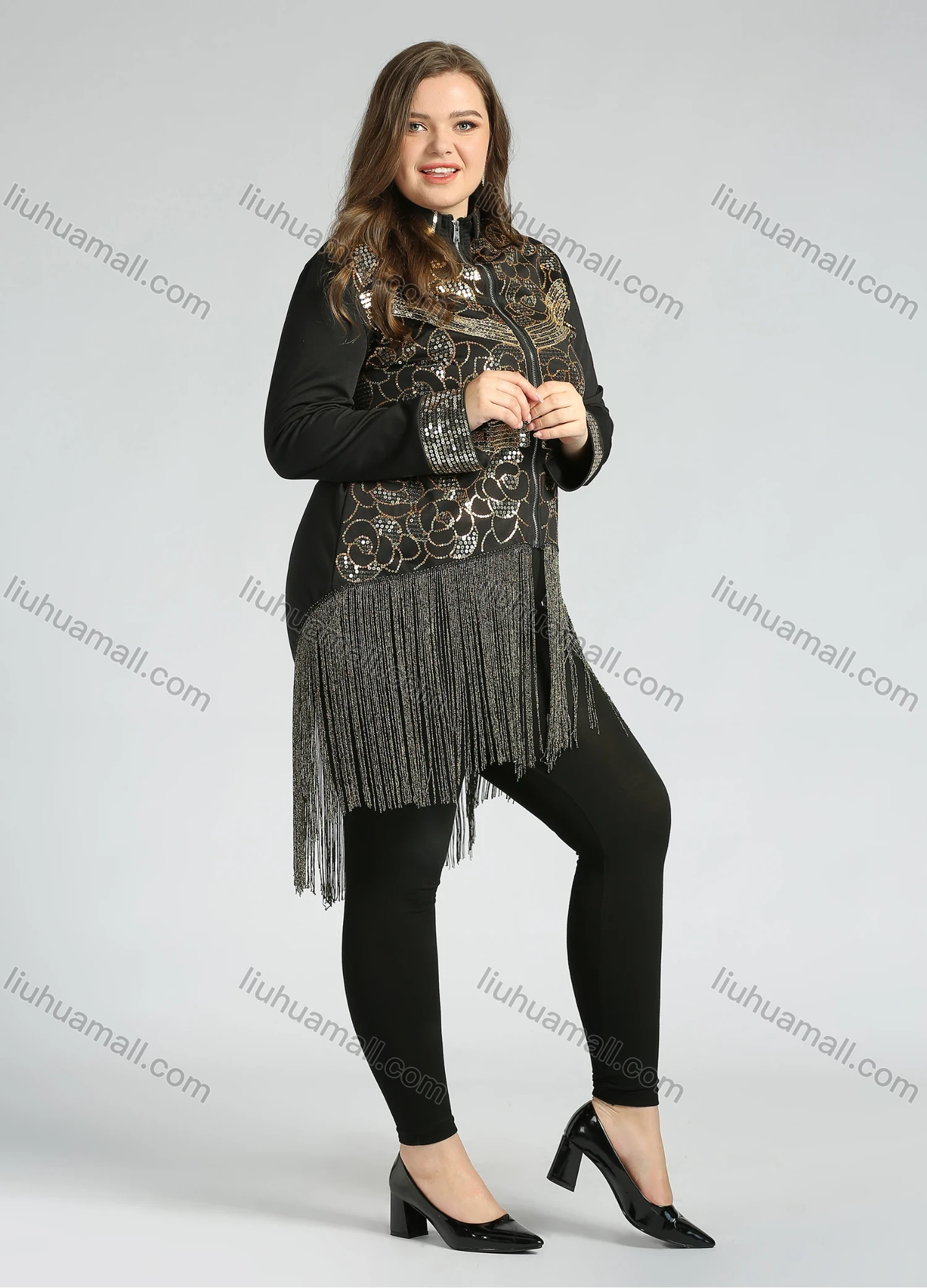Wholesale Women's Plus Size Stand Collar Zip Sequin Glitter Tassel Hem Jacket - Liuhuamall