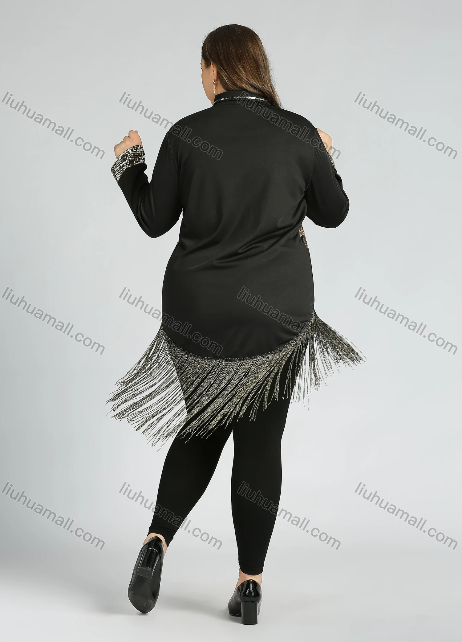 Wholesale Women's Plus Size Stand Collar Zip Sequin Glitter Tassel Hem Jacket - Liuhuamall