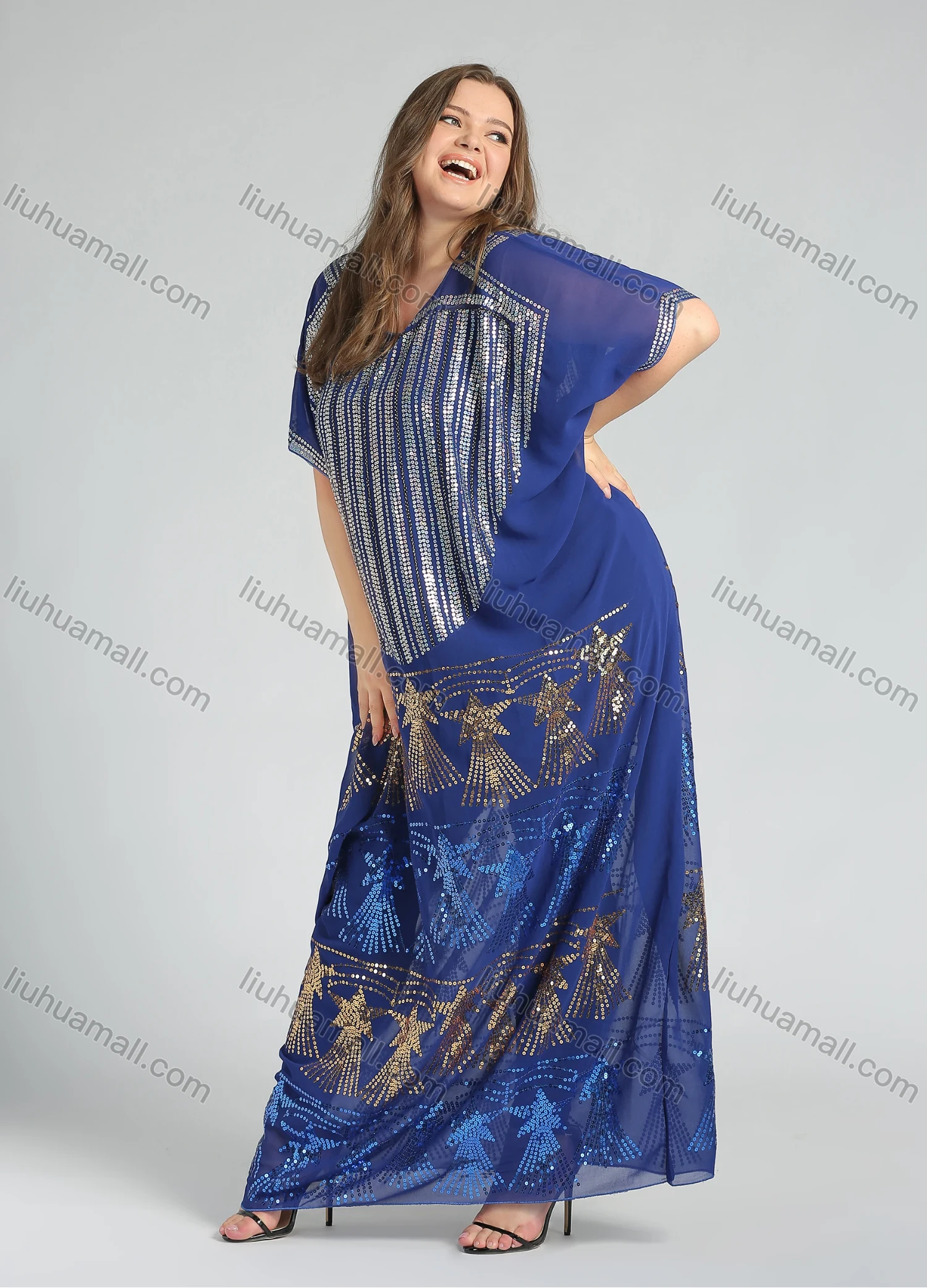 Wholesale Women's Glamorous Arabic Dubai Sequin Glitter Translucent Muslim Islamic Cover Up Maxi Dress - Liuhuamall