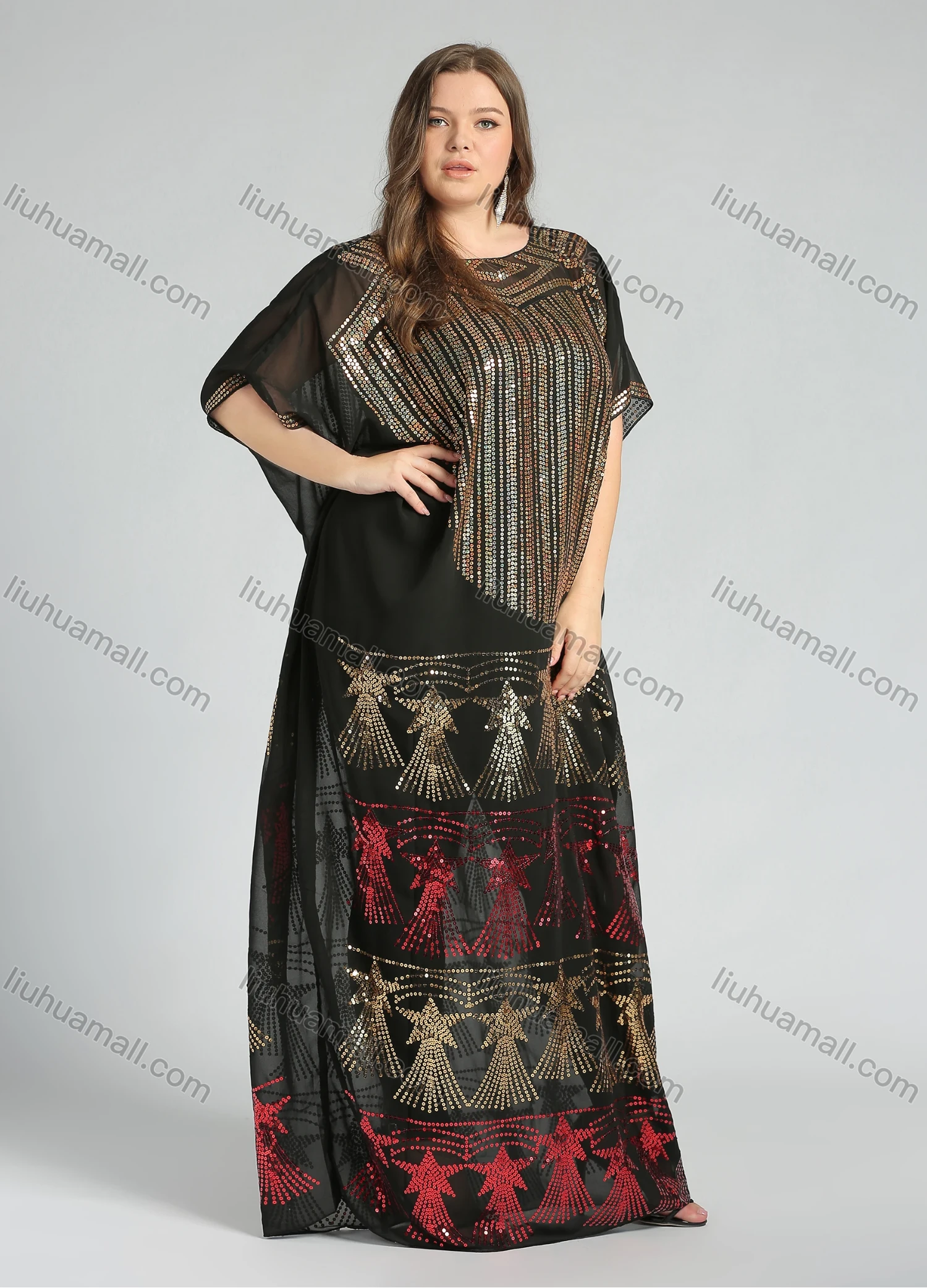 Wholesale Women's Glamorous Arabic Dubai Sequin Glitter Translucent Muslim Islamic Cover Up Maxi Dress - Liuhuamall